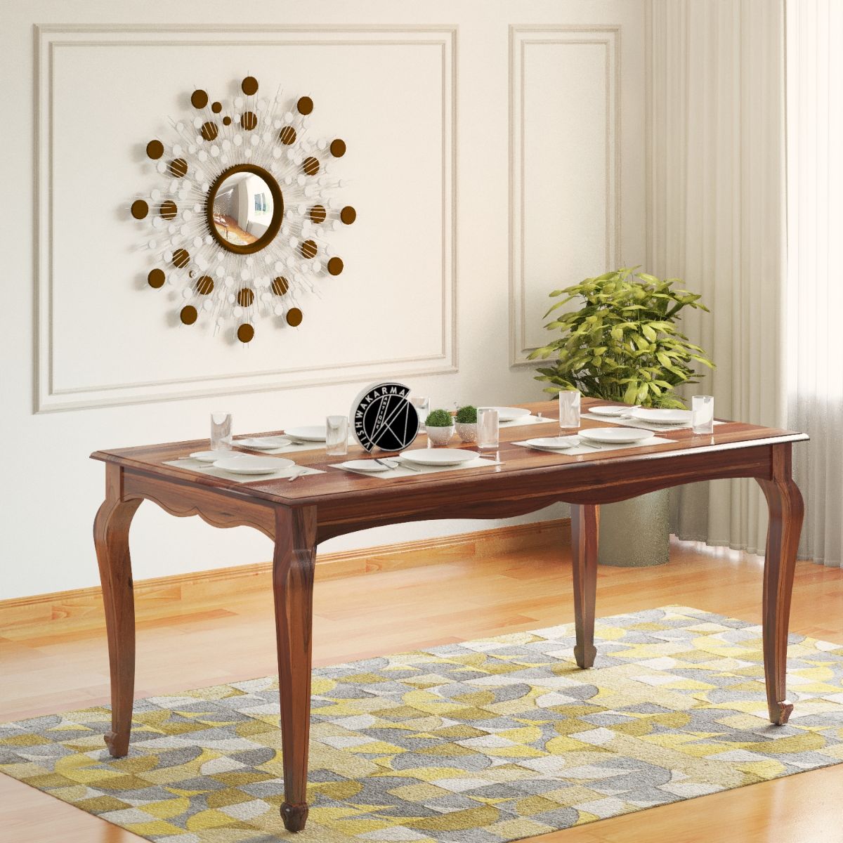 Samuel Solid Wood 6 Seater Dining Table in Urban Teak Finish - Vishwakarma Antique