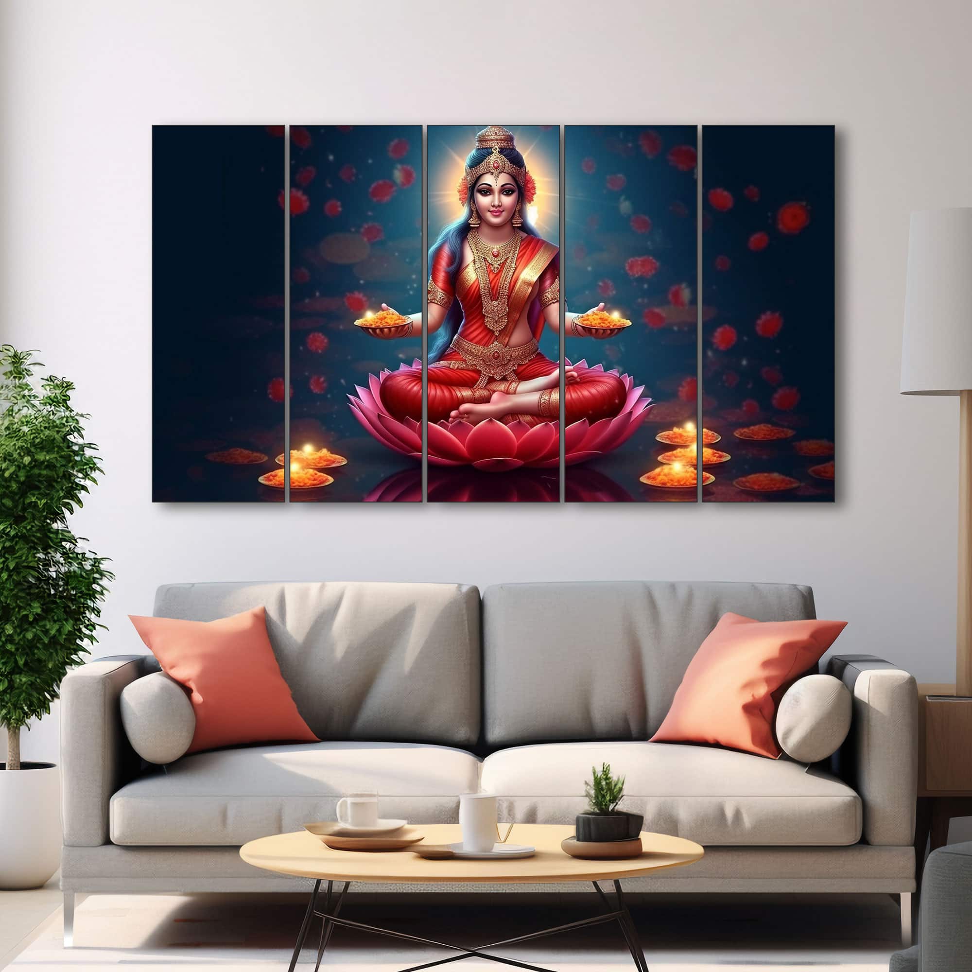 The Castle Decor Goddess Laxmi Wall Painting Wooden Framed 27x48 Inch (Style 7) - The Castle Decor