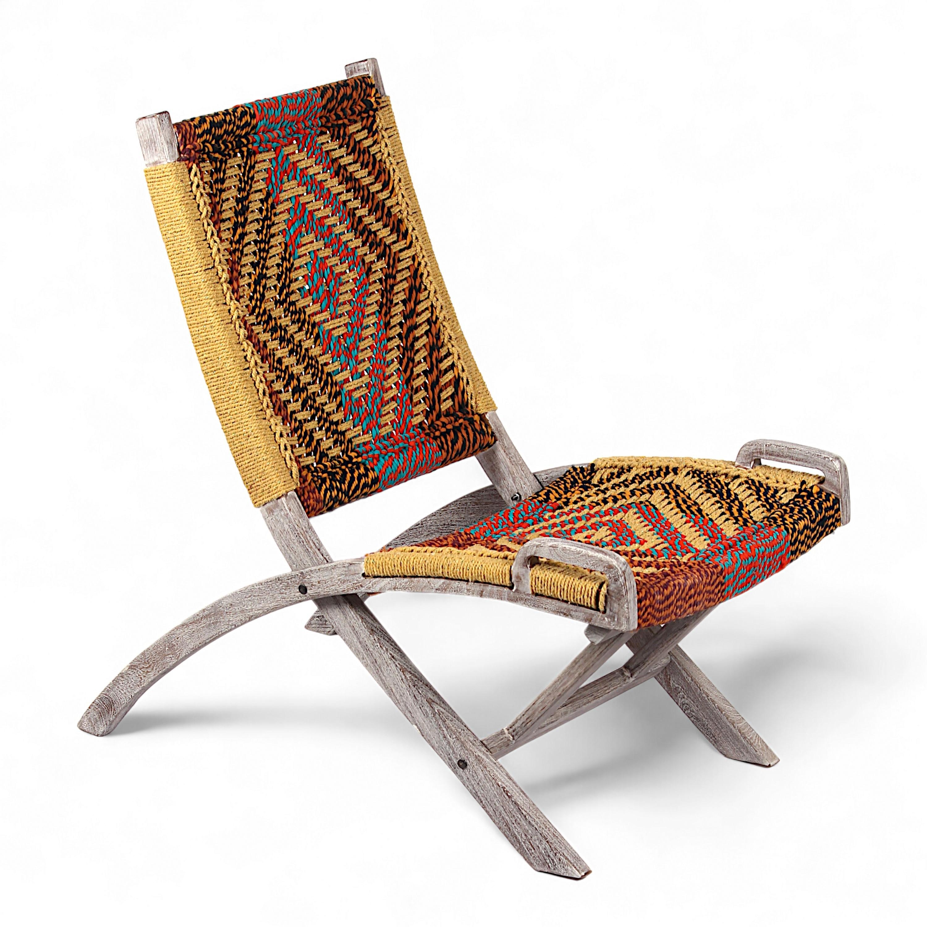 NatWest Sheesham Wood Relaxing Lounge Chair in Assorted Multi-Colour Chindi & Yellow Rope Canning