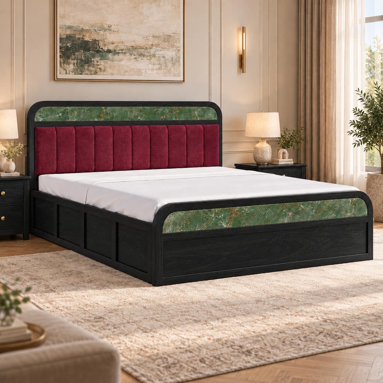 Yashika Solid Wood King Size Hydrulic Storage Bed In Black Finish (Burgundy Red Fabric) (72 - 78 inch)