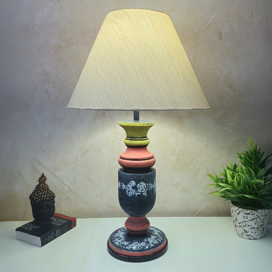 Multicolor Stone Finish Handpainted And Hancarved Distress Wooden Table Lamp