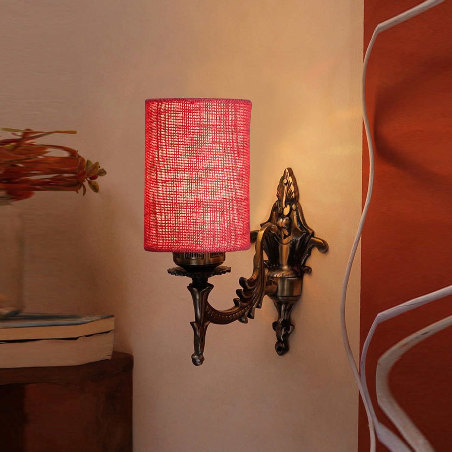 Devansh Metal Electric Wall Light in Antique Gold Colour with Pink Shade Count of 1 Light - Devansh