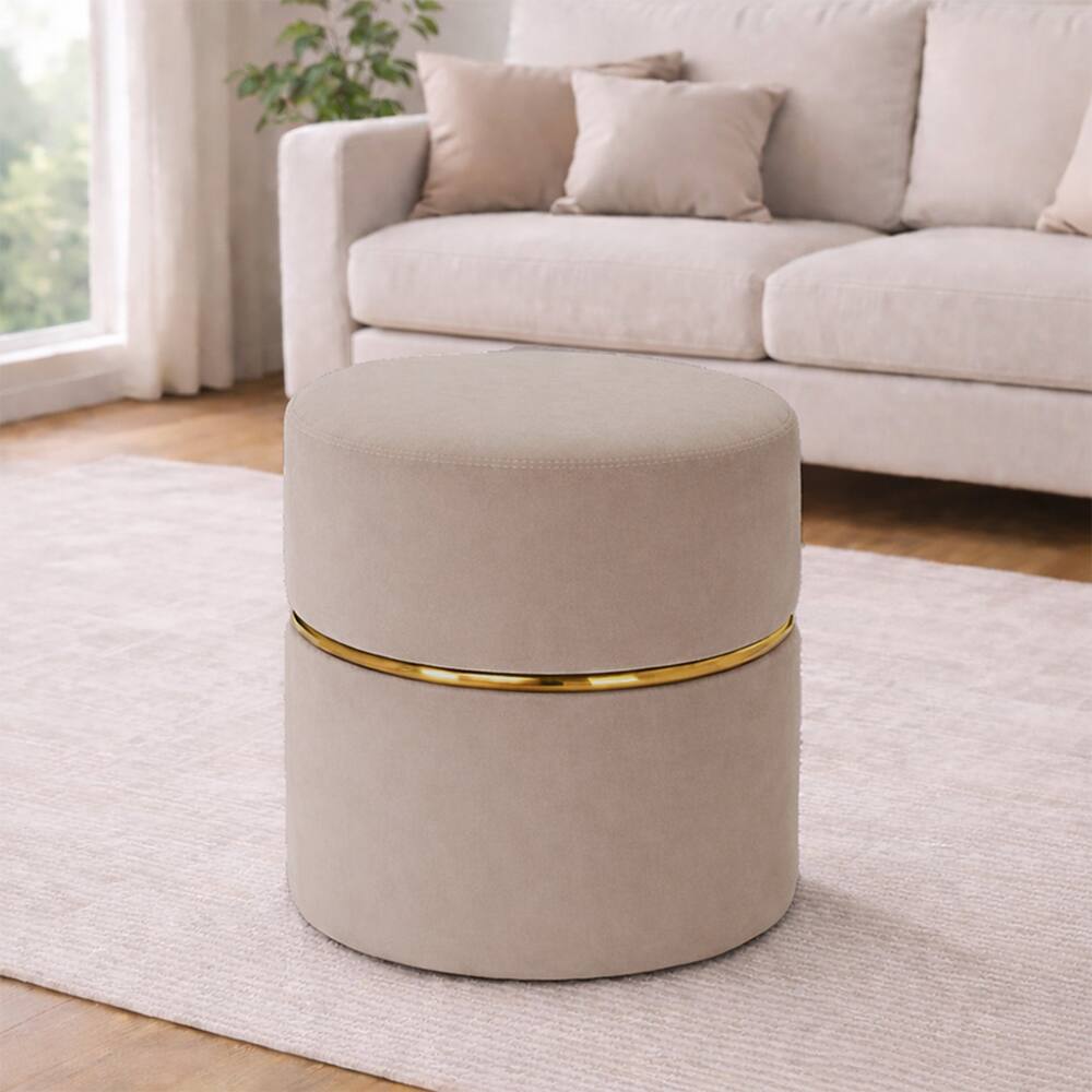 Doe Buck Gracy Velvet Round Ottoman in Beige Colour with Gold Band - Doe Buck