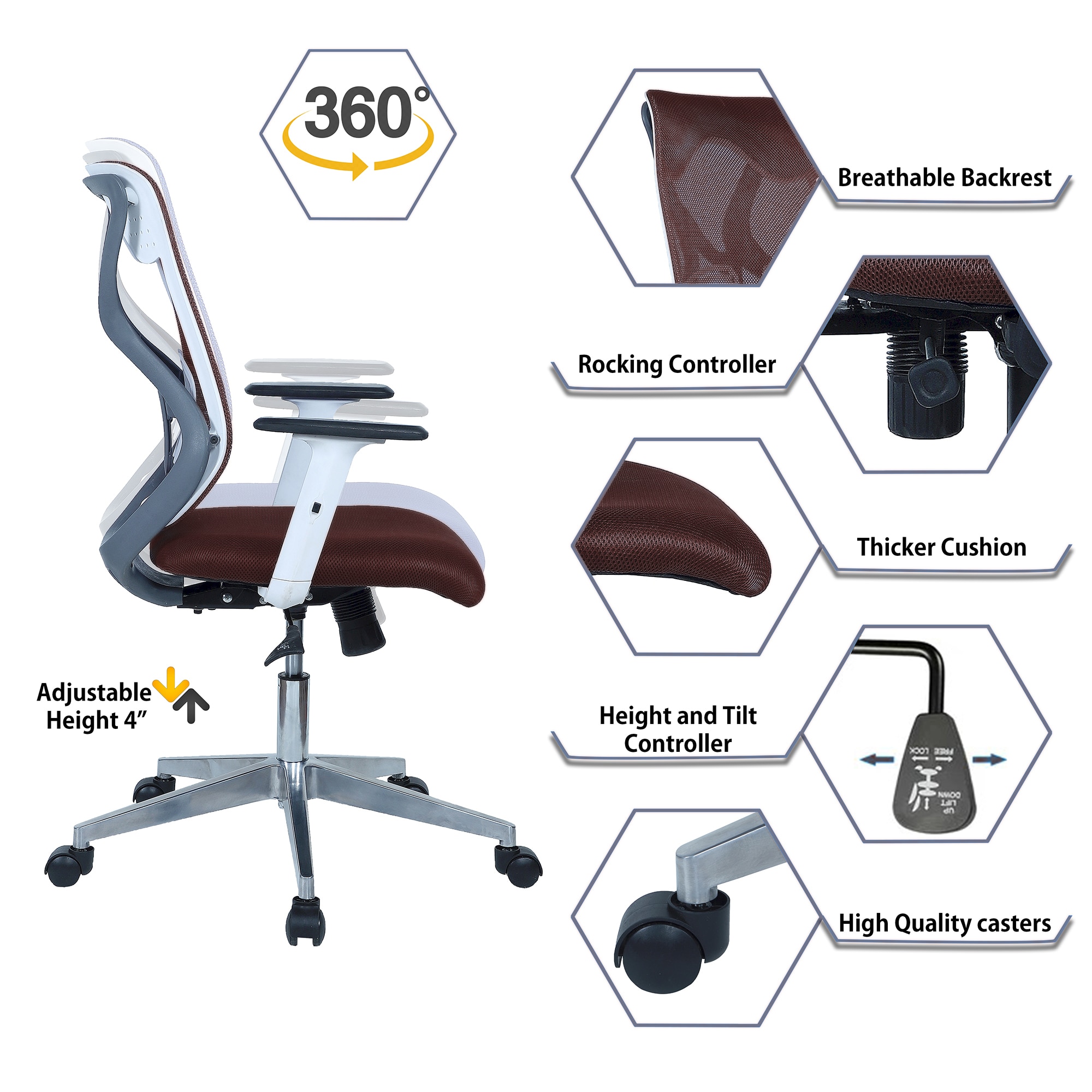Wiwngas Mid Back Ergonomic Chair in Brown Colour