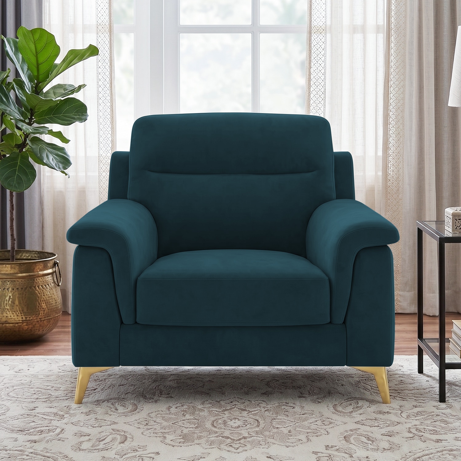 Niwara Velvet 1 Seater  sofa in T Blue color - Home Lifestylez