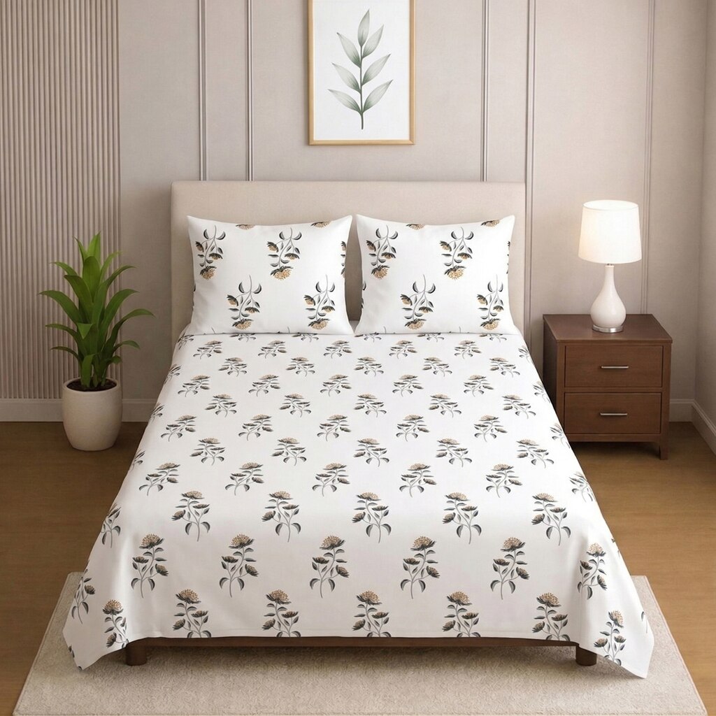 Hera White Floral 400 TC Cotton Flat Single Size Bedsheet with 2 Pillow Covers – Threads - Threads