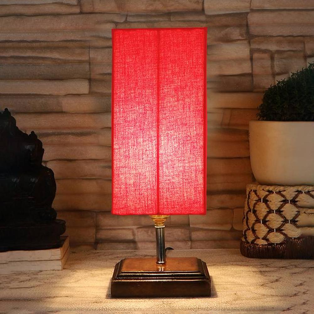 Elliot Red cotton table lamp with Square Brown Wood Base