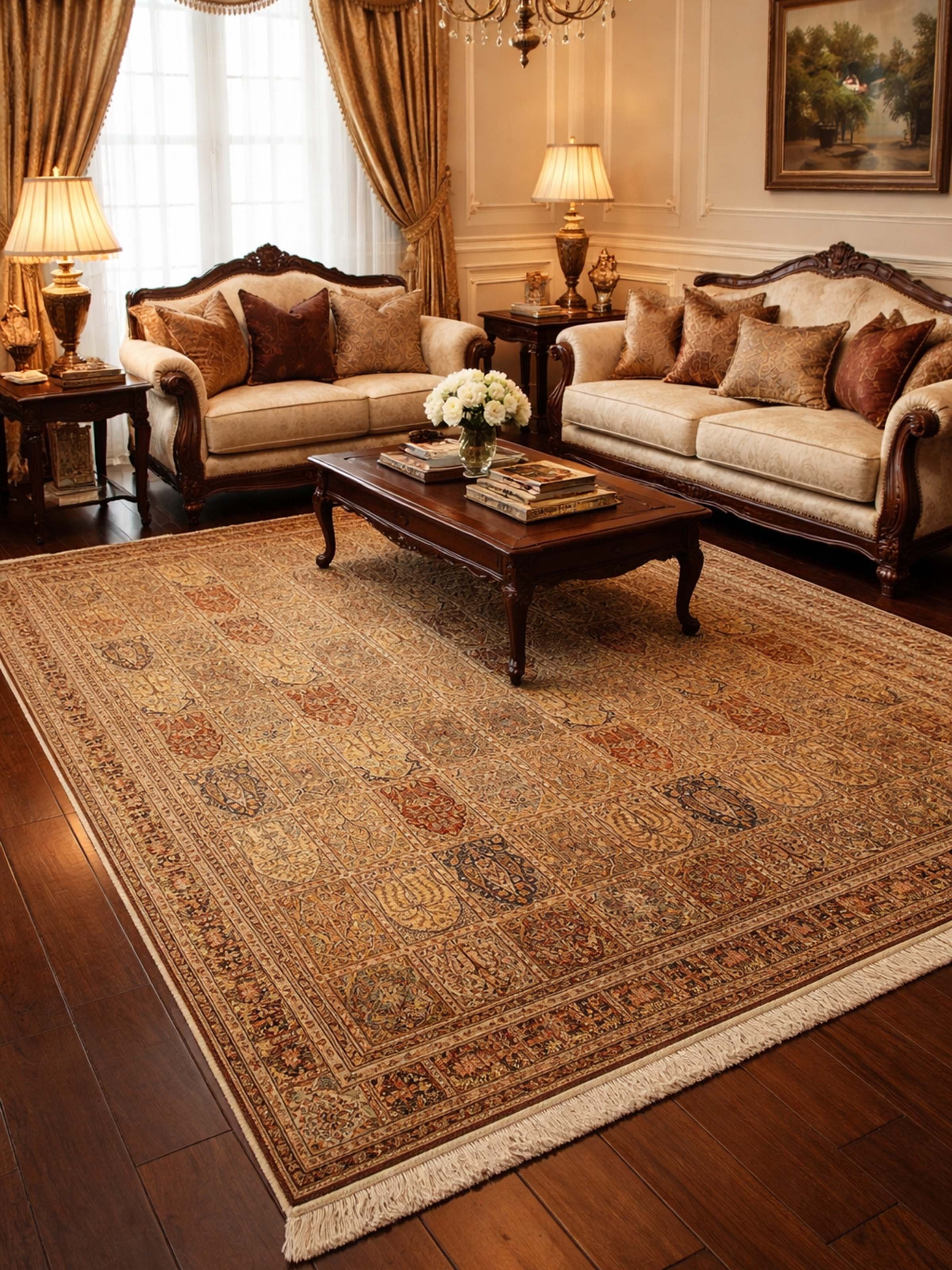 Traditional Persian Multi Bakhtiari Panel Kashmir Silk Hand-Knotted Carpet