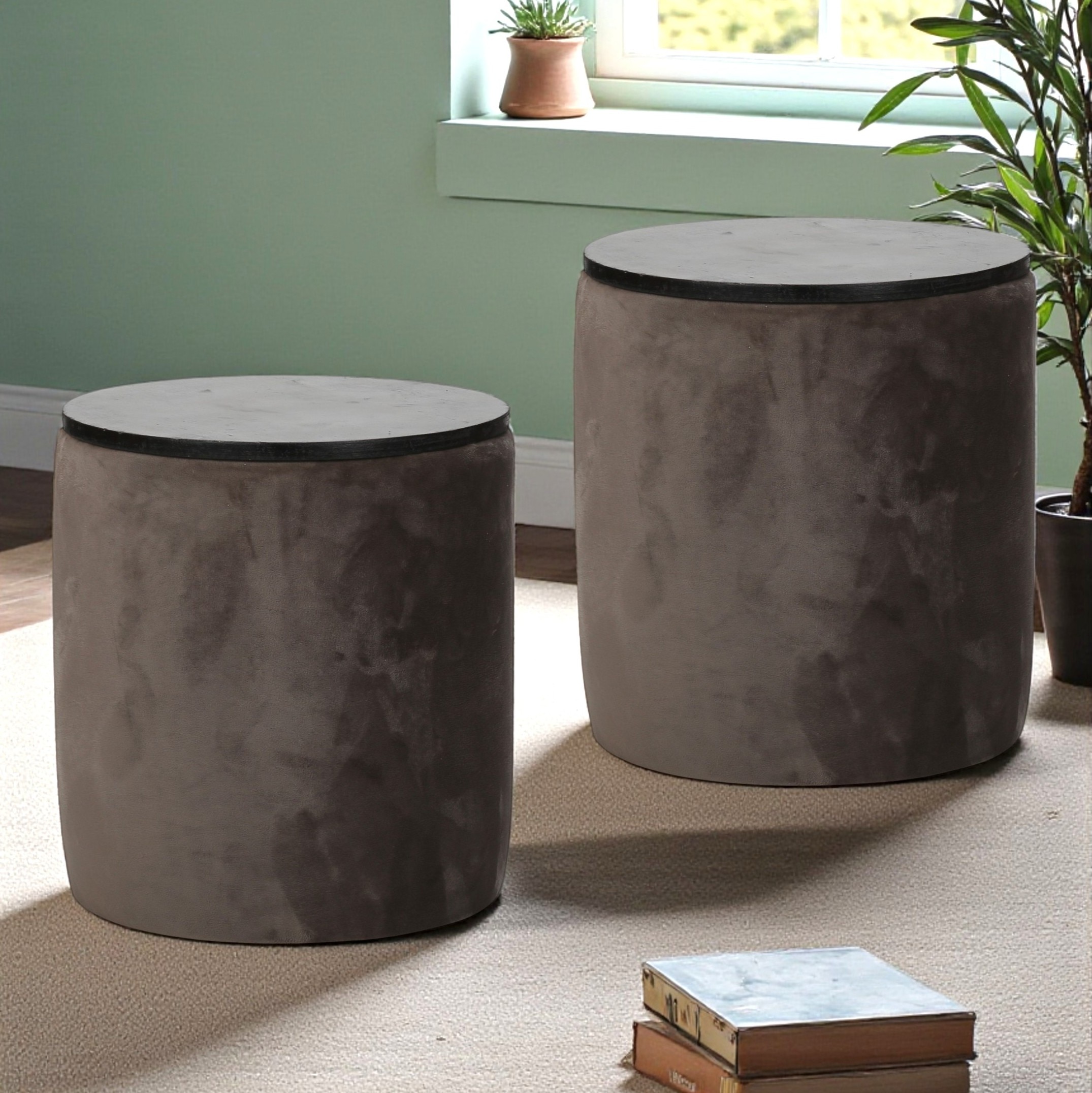 Wayne Pine Wood Accent Set of 2 Ottoman Pouffees in Cedar Brown Velvet, Extra Dark Mahogany Finish