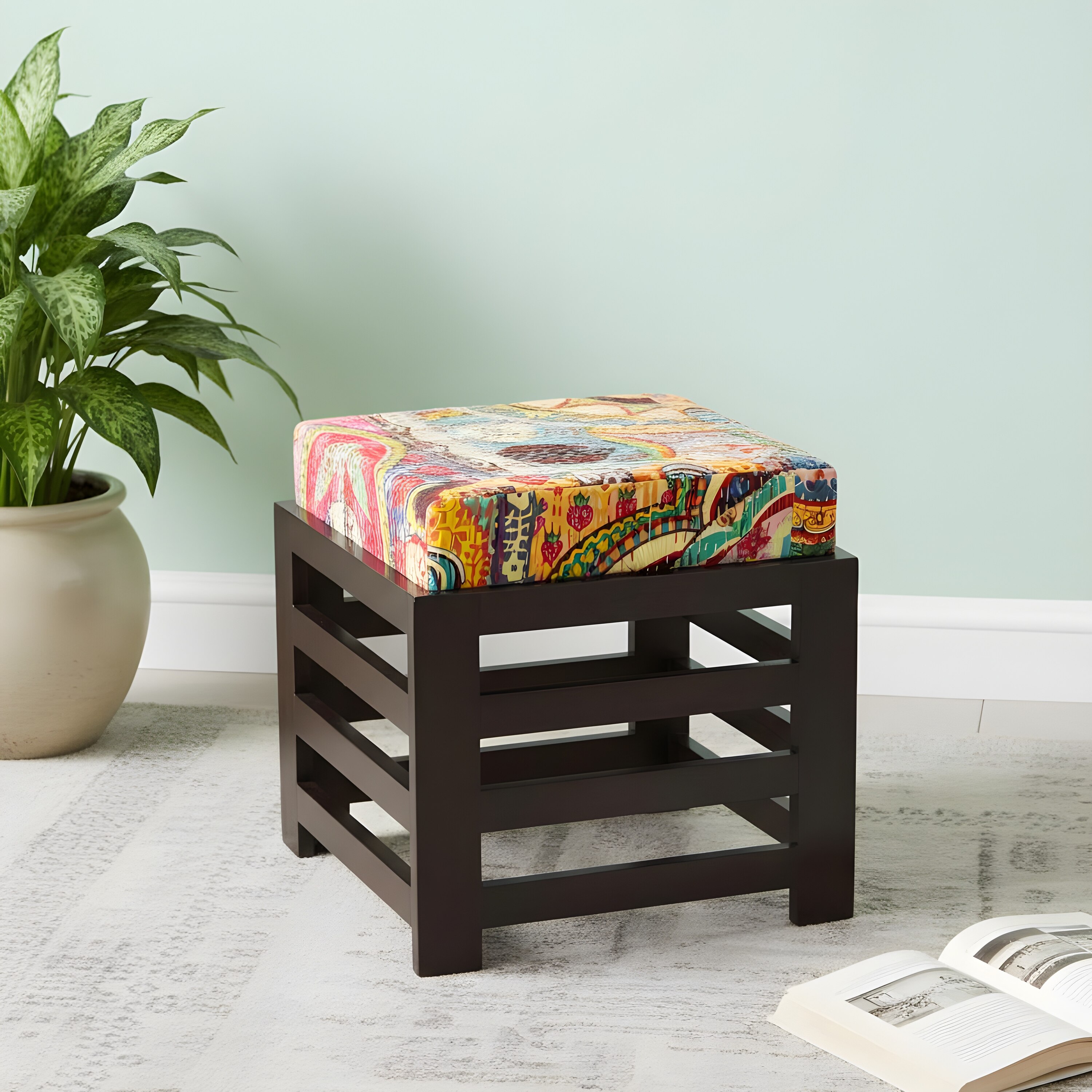 Houston Sheesham Wood Stool in Mahogany Finish & Multi Colour Israel Print Kantha fabric Cushion