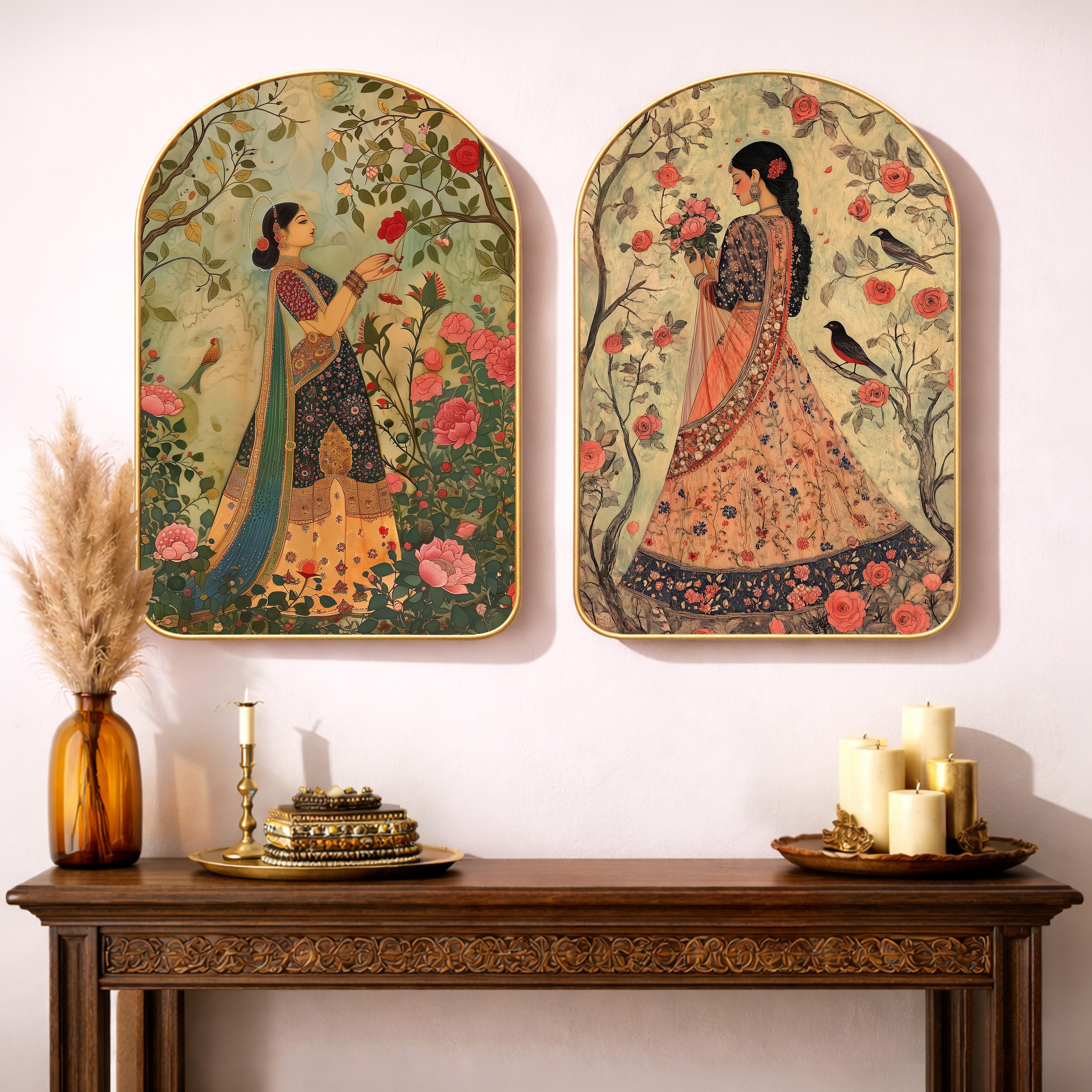 Mughal Royal Lady Garden Wall Art Painting Set of 2 with Gold Frame 16 x 24 Inch - Art Street