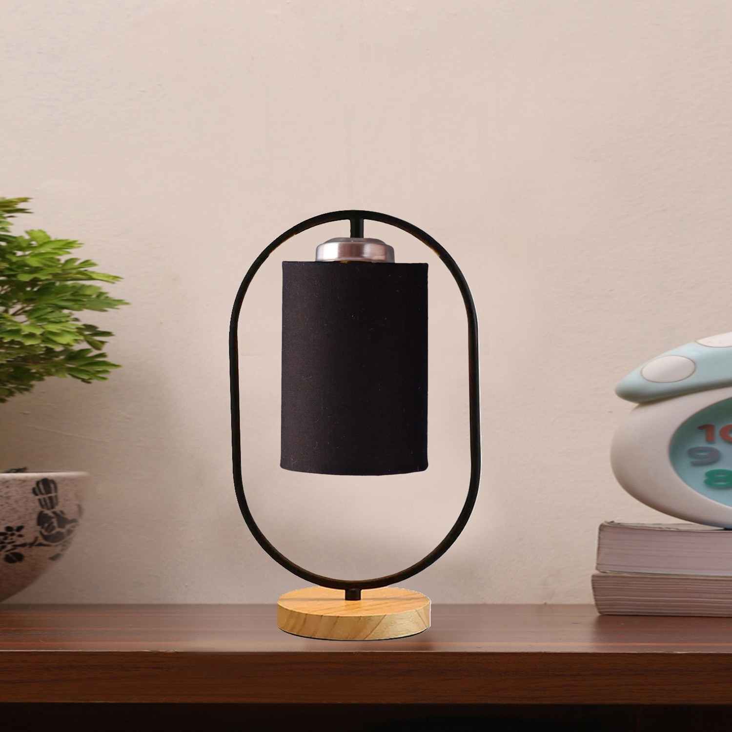 Devansh Black Cotton Drum Wooden & Iron Table Lamp -17 Inch Height -B
