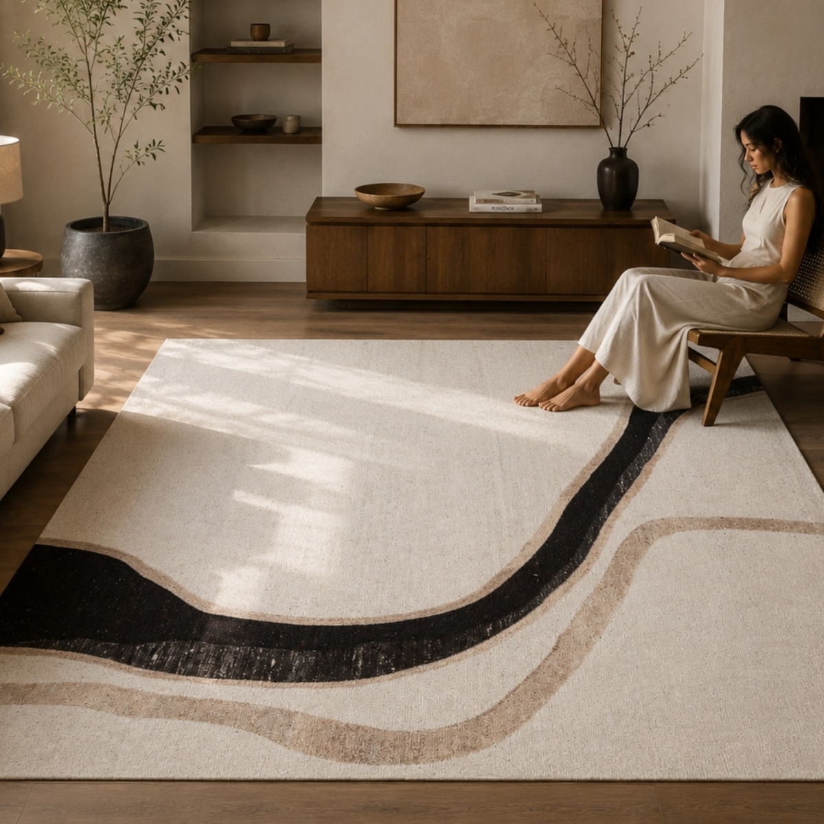 Handmade Natural Wool Area Rug Abstract Flow Ivory 5 x 7 Feet Carpet - NEU LOOMS