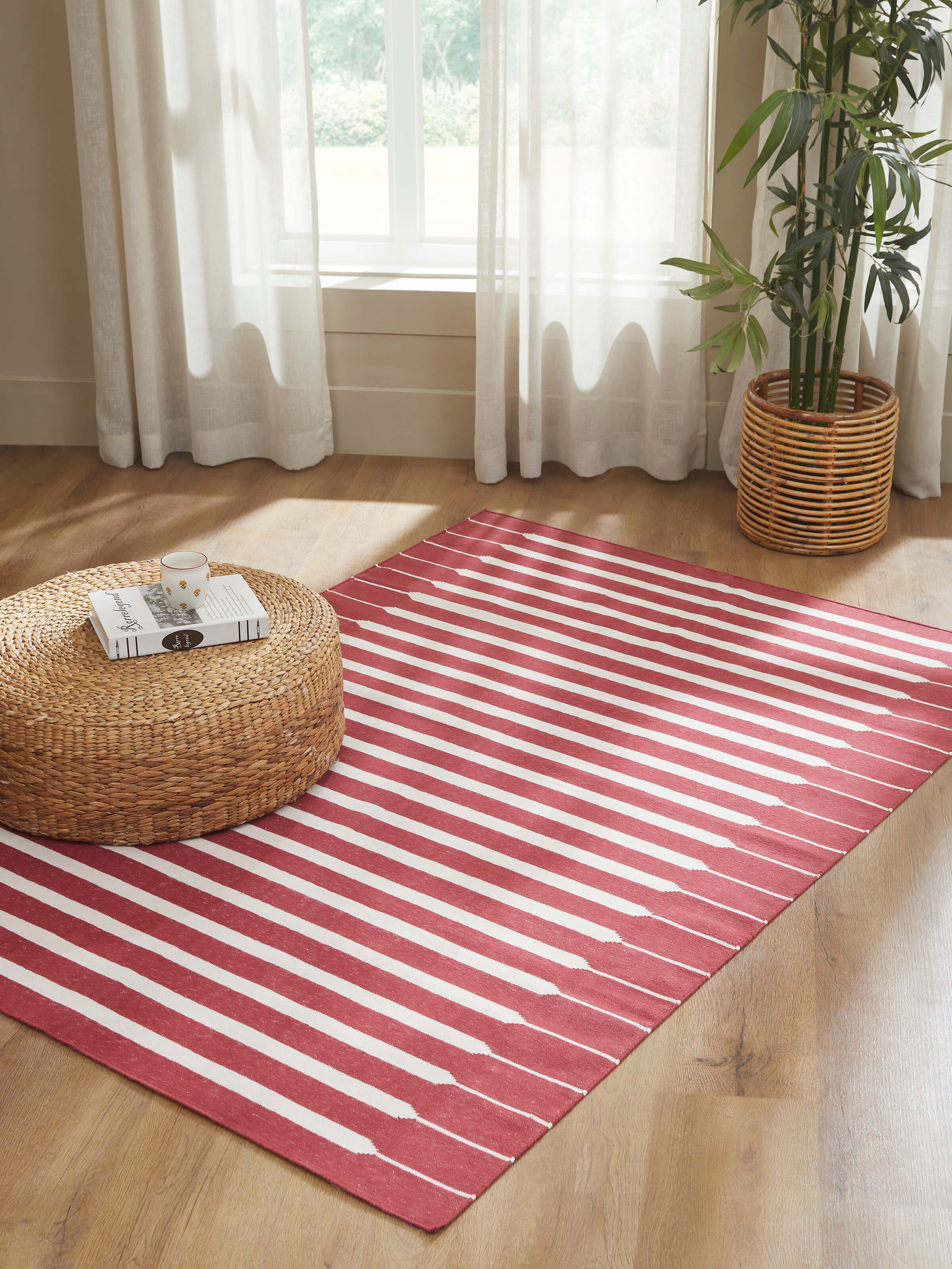 Top view displaying the full dhurrie layout with clean, bold stripes