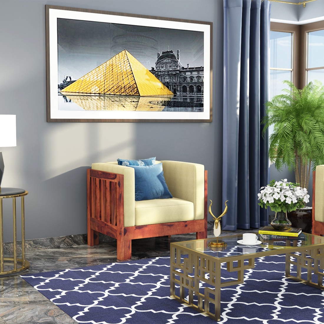 Prashiv 1 Seater Wooden Sofa (Creame Colour, Teak Finish)