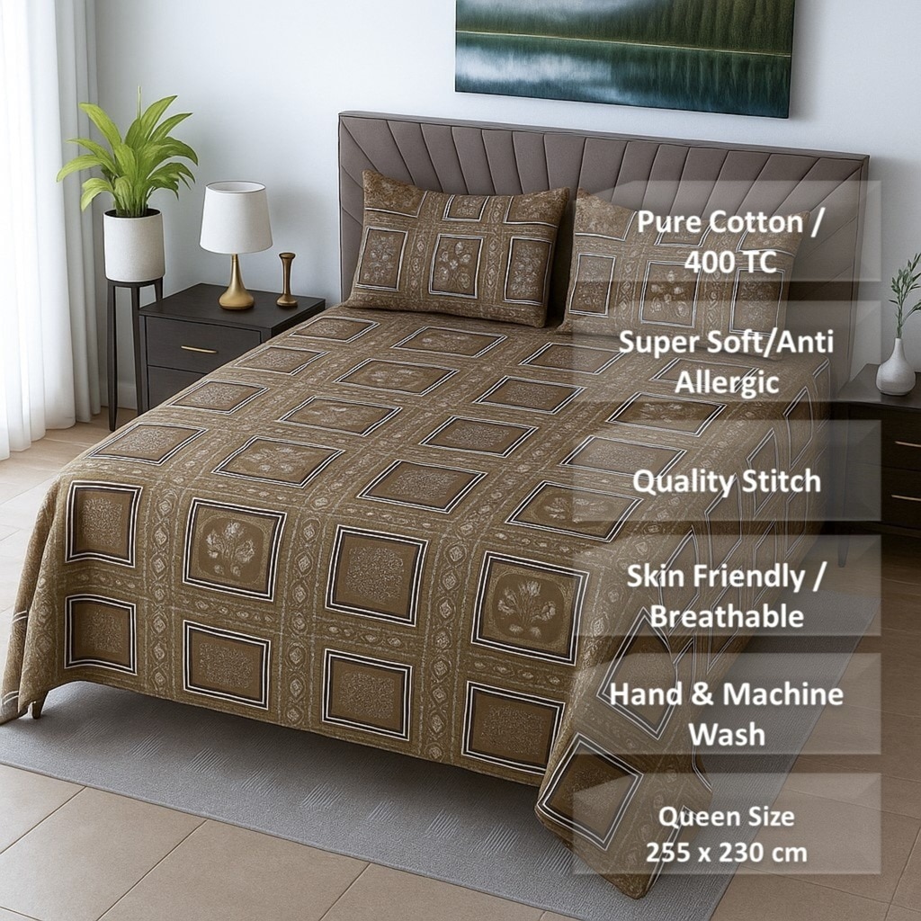 Mud Brown Floral 400 TC Cotton Flat Queen Size Bedsheet With 2 Pillow Covers From Threads