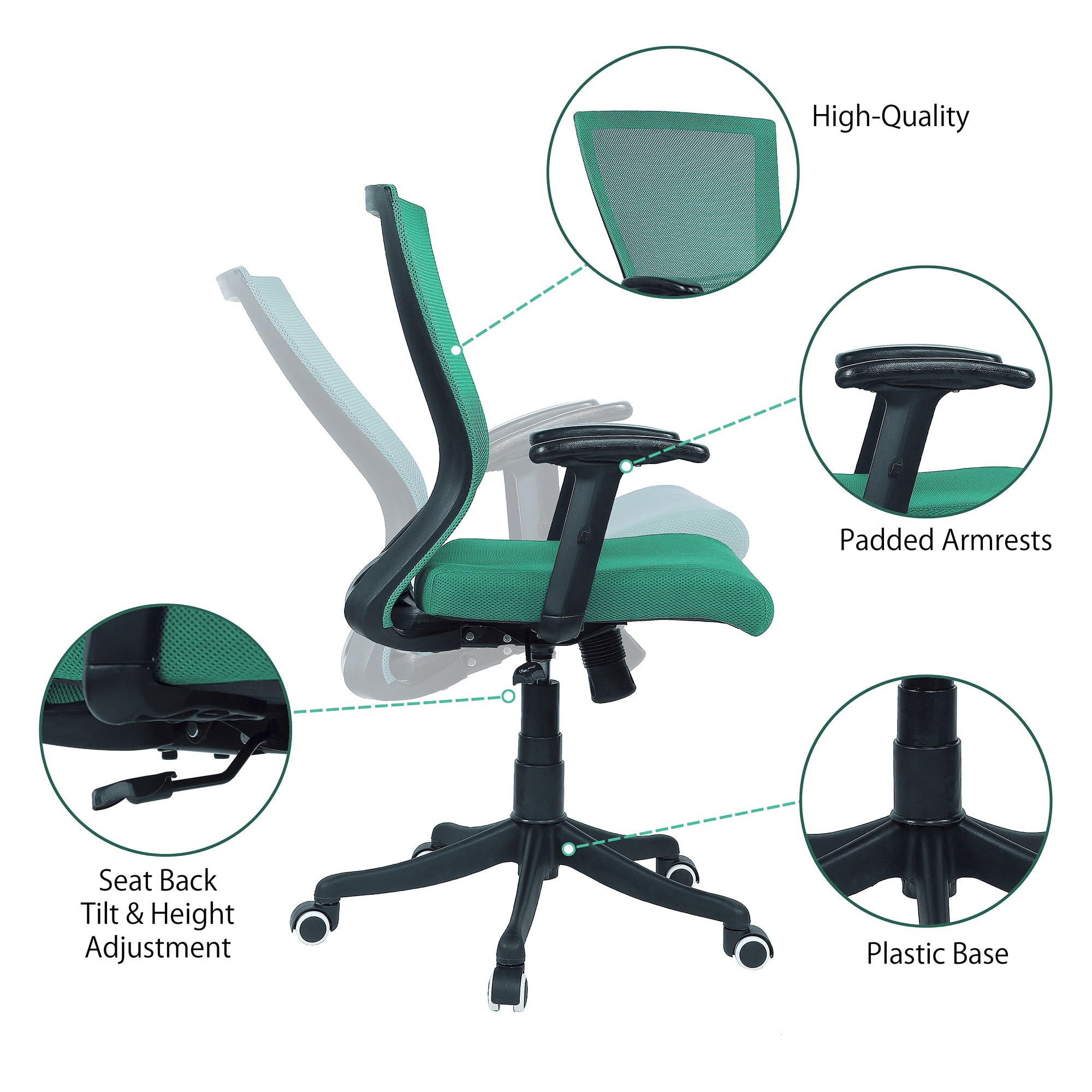 Ebeaony Mid Back Ergonomic Chair in Dark Green Colour