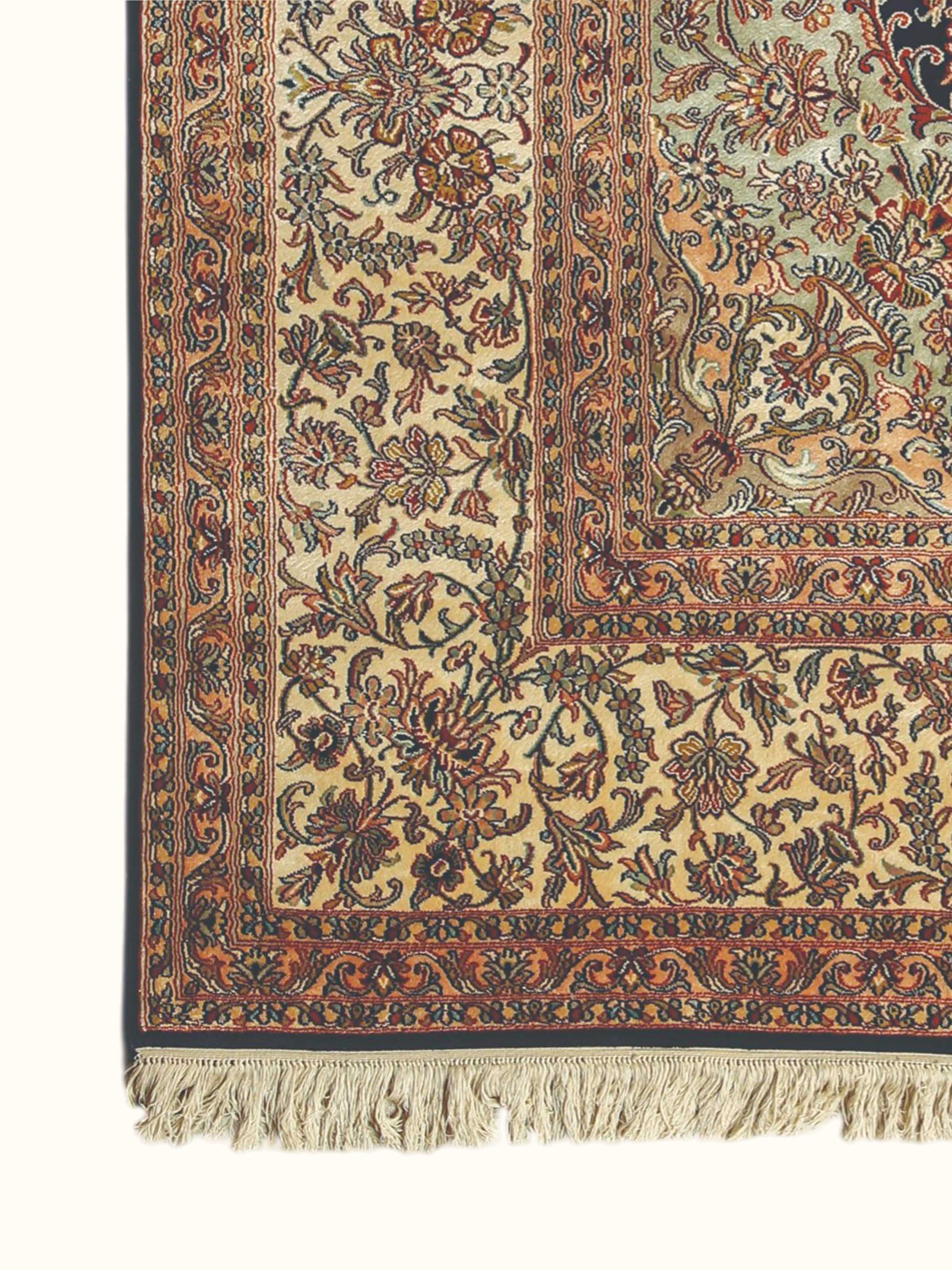 Traditional Persian Navy Ivory Kashan Kashmir Silk Hand-Knotted Carpet