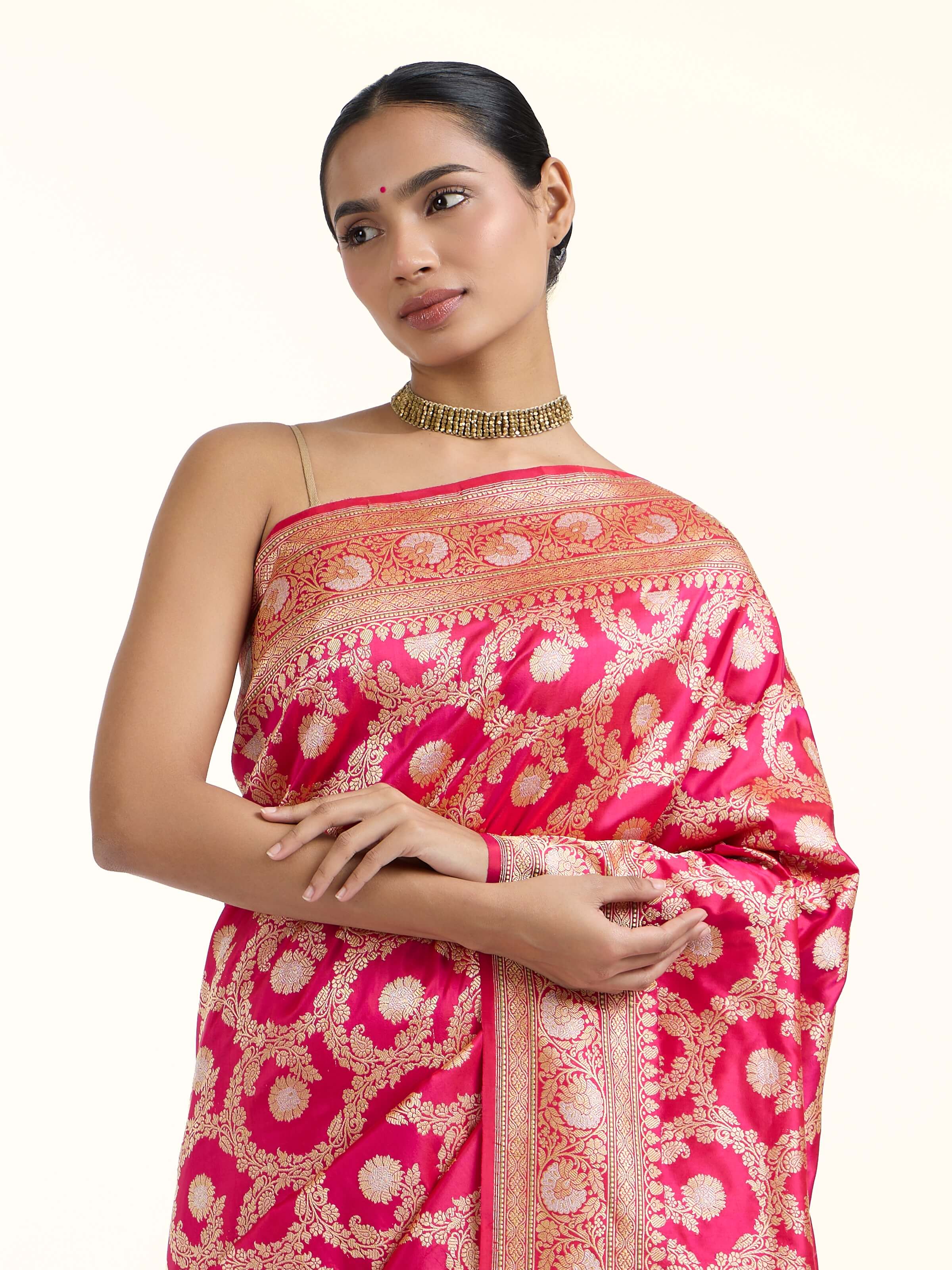 angled view of pink banarasi kadhwa silk saree