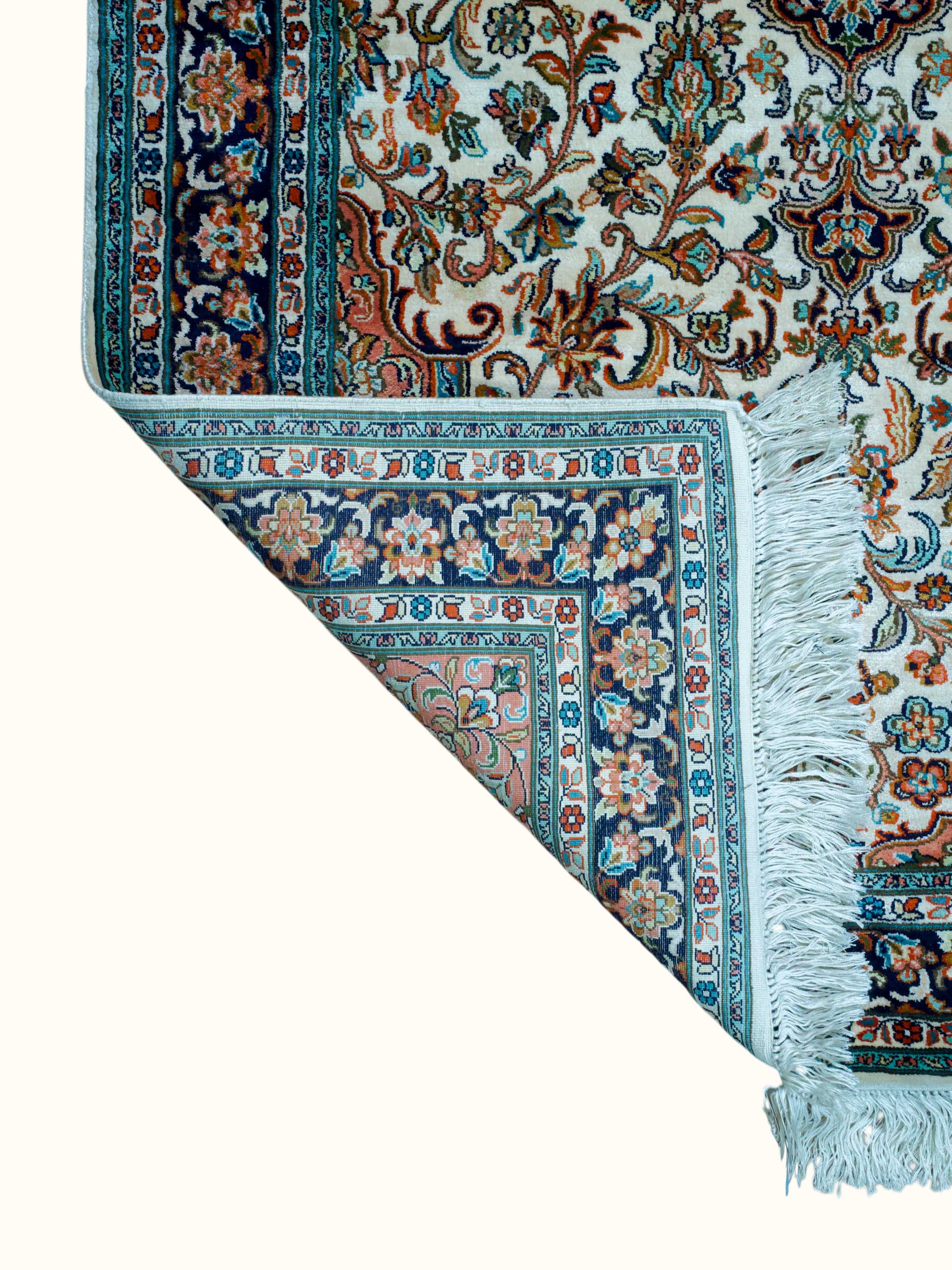 Traditional Persian Ivory Rust Kashan Kashmir Silk Hand-Knotted Carpet