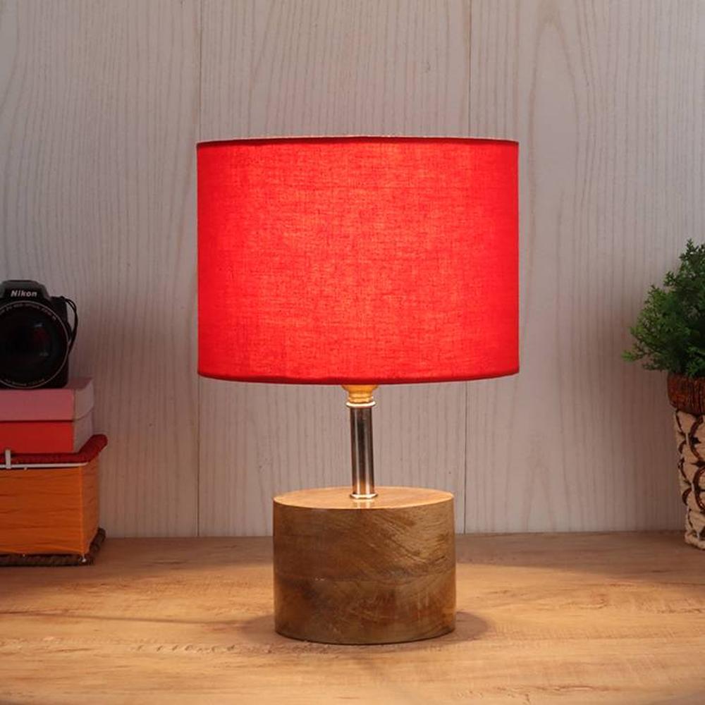 Freedom Red Fabric Shade Table Lamp with Natural Wooden Base
