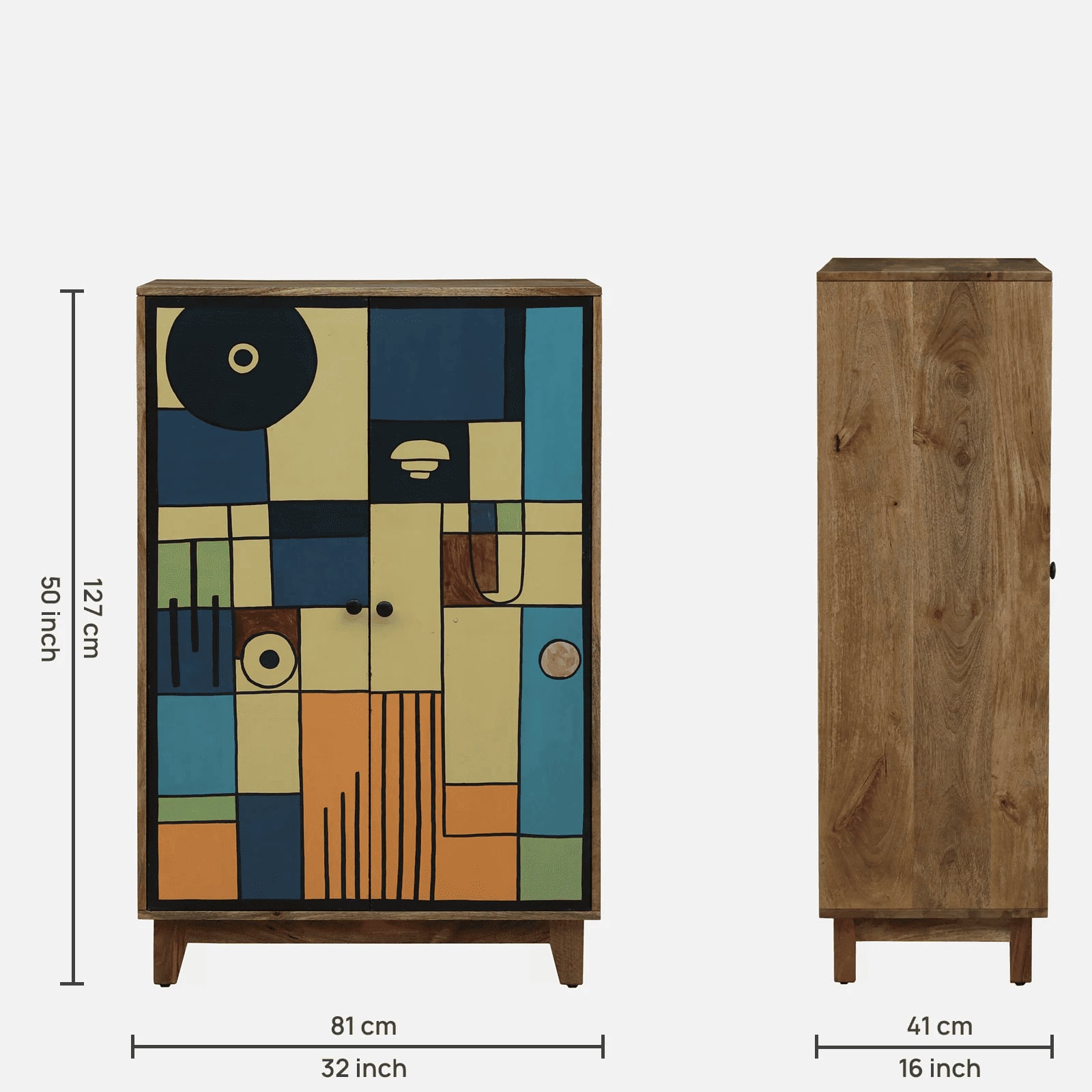 Olyn Mango Wood Handpainted Multicolour 2 Door Tall Cabinet In Natural Finish