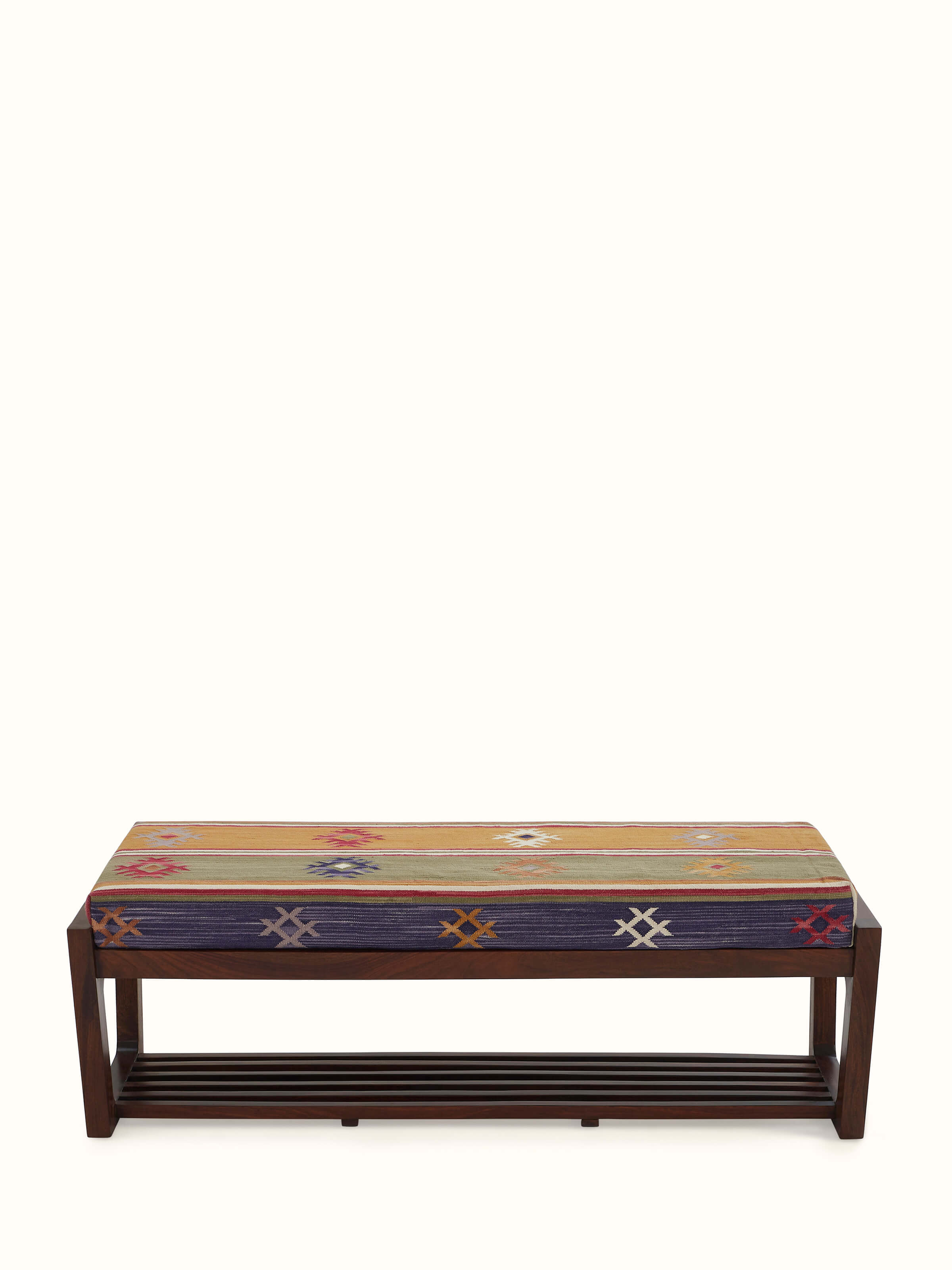 Handloom Dhurrie Upholstered Sheesham Wood Bench