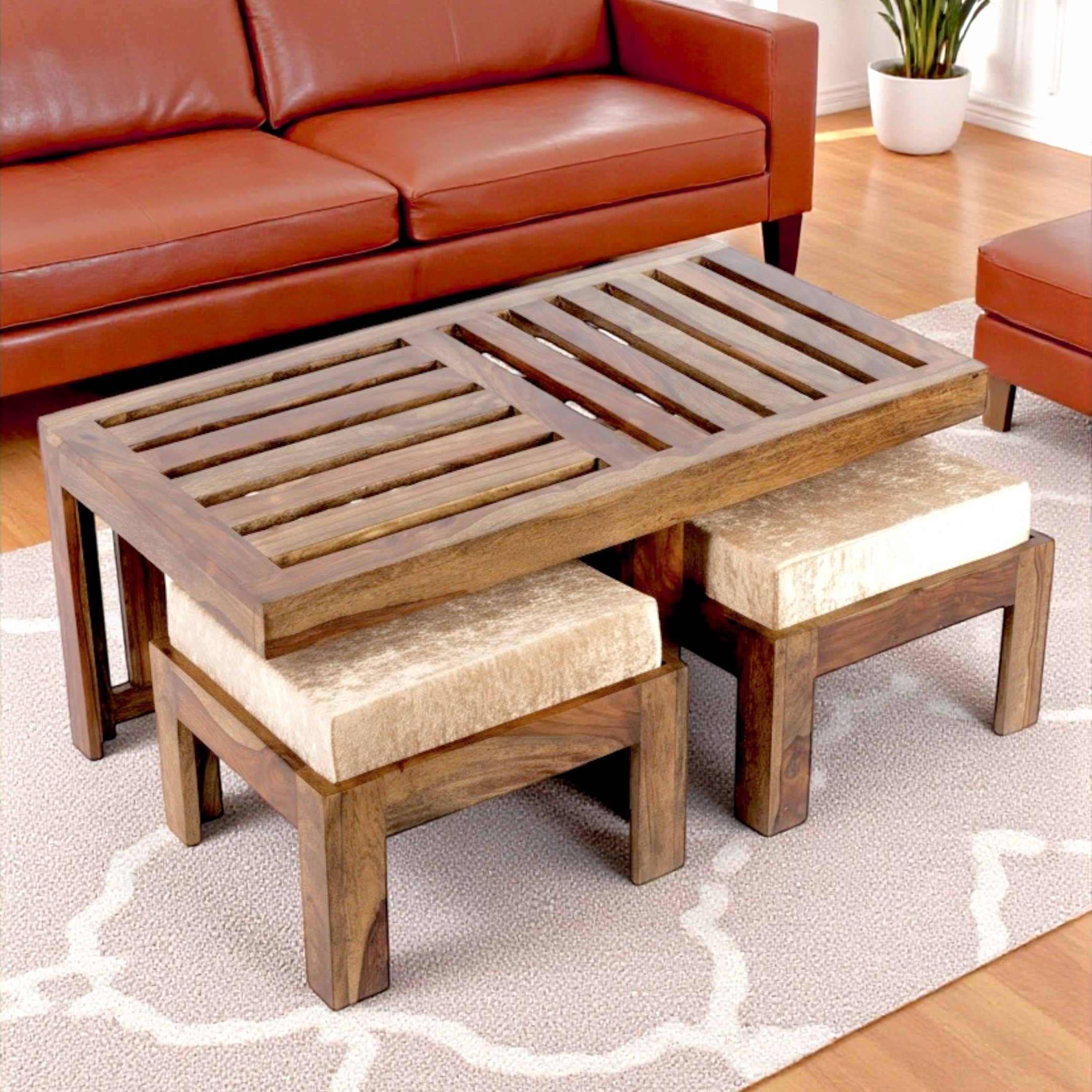 Irish Sheesham Wood 2 Seater Coffee Table Set In Teak Finish