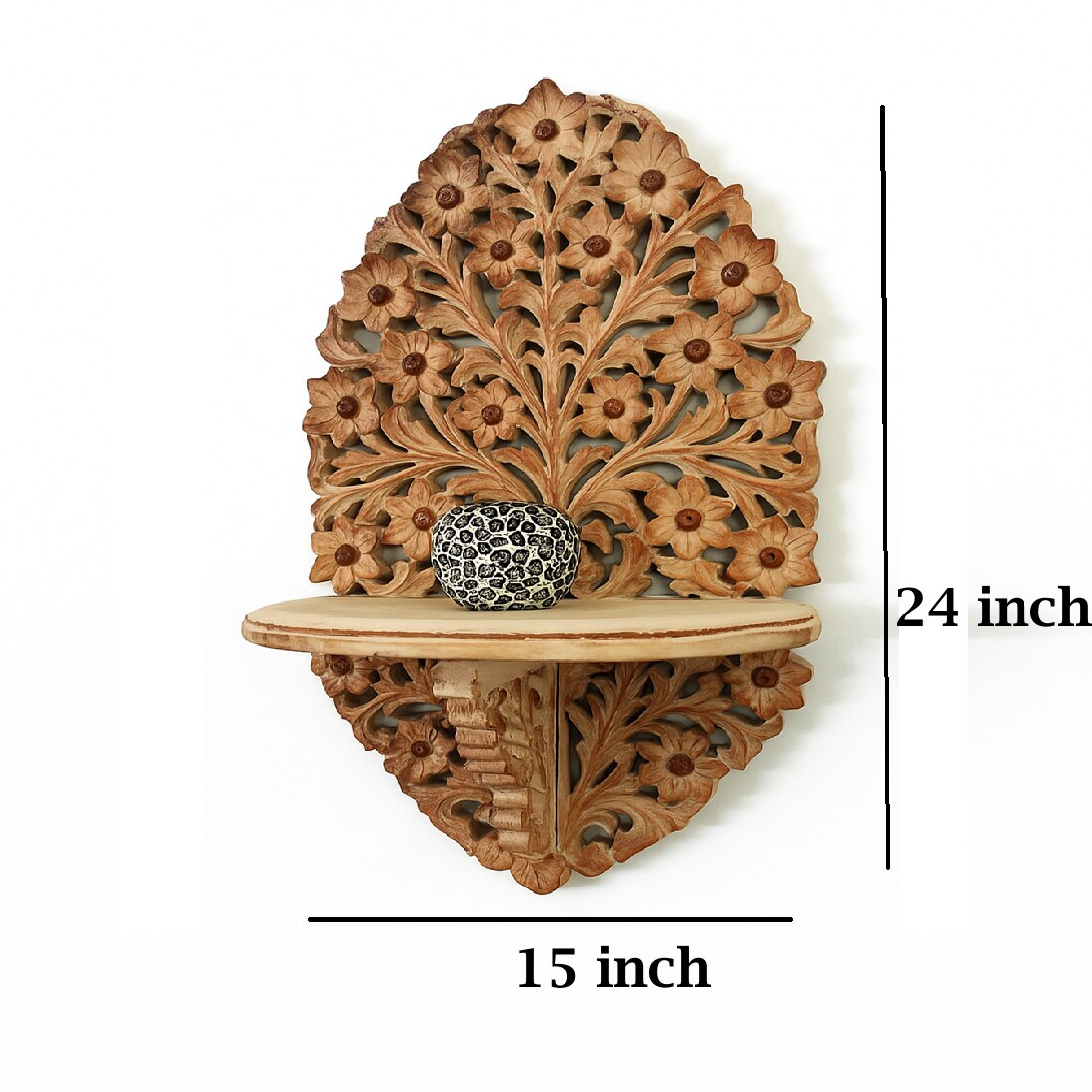 Natural Color Hand Carved Wooden Wall Shelf Wall Décor With Light Brown Shade