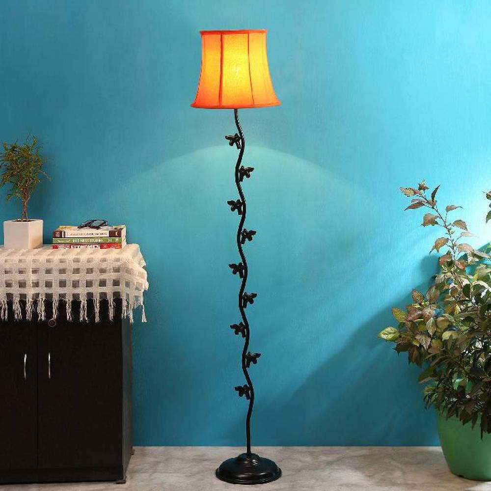 Donovan Orange Fabric Floor Lamp with Black Iron Base - Devansh