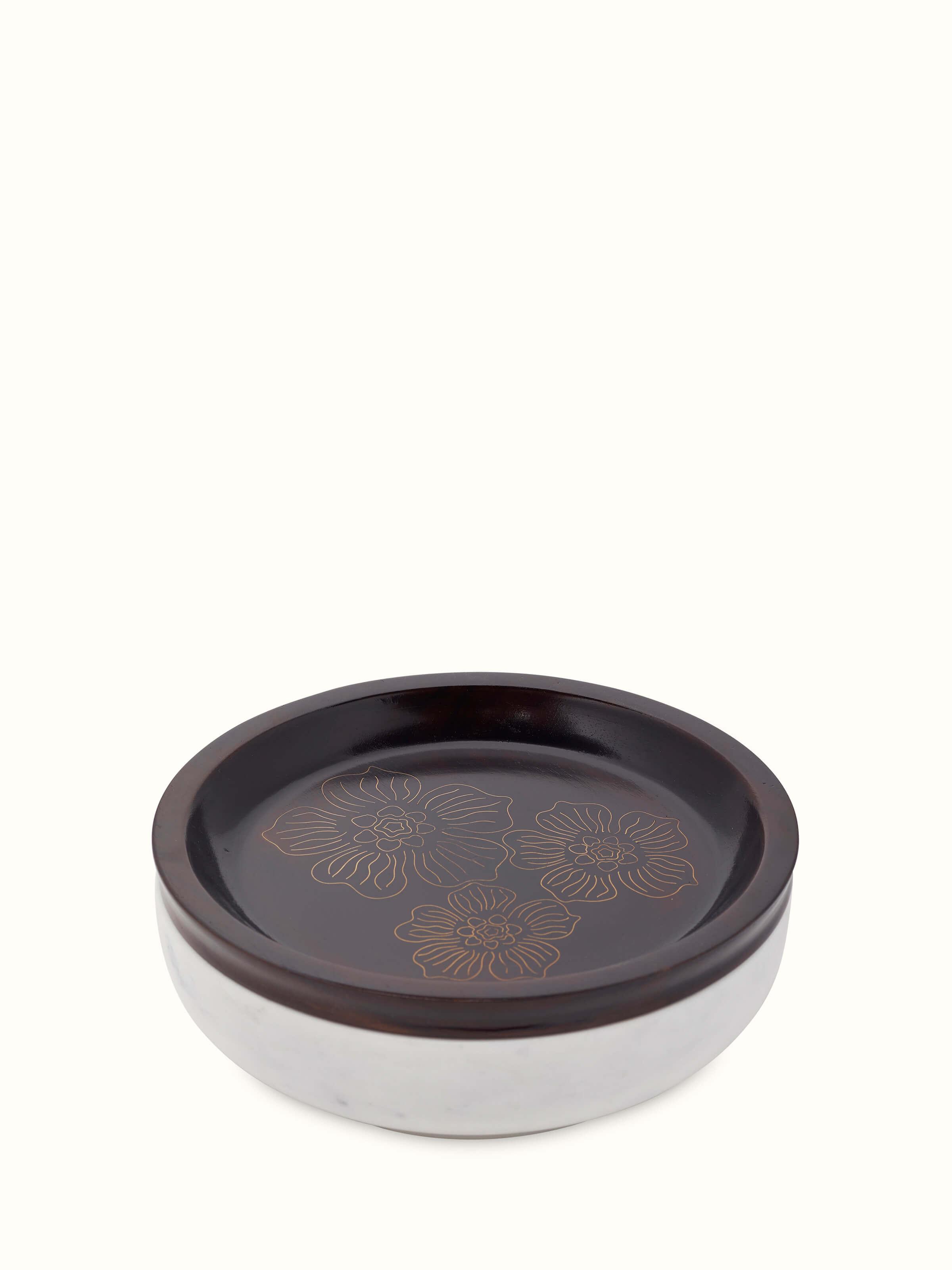 Side view of Tarkashi sheesham wood, marble & brass decorative container, showcasing the detailed design.