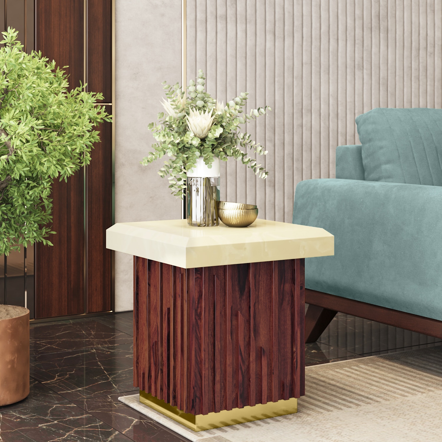 Gabriele Onyx Composite and Teak Wood Square Side Table In Dark Teak Finish - Urban Ladder