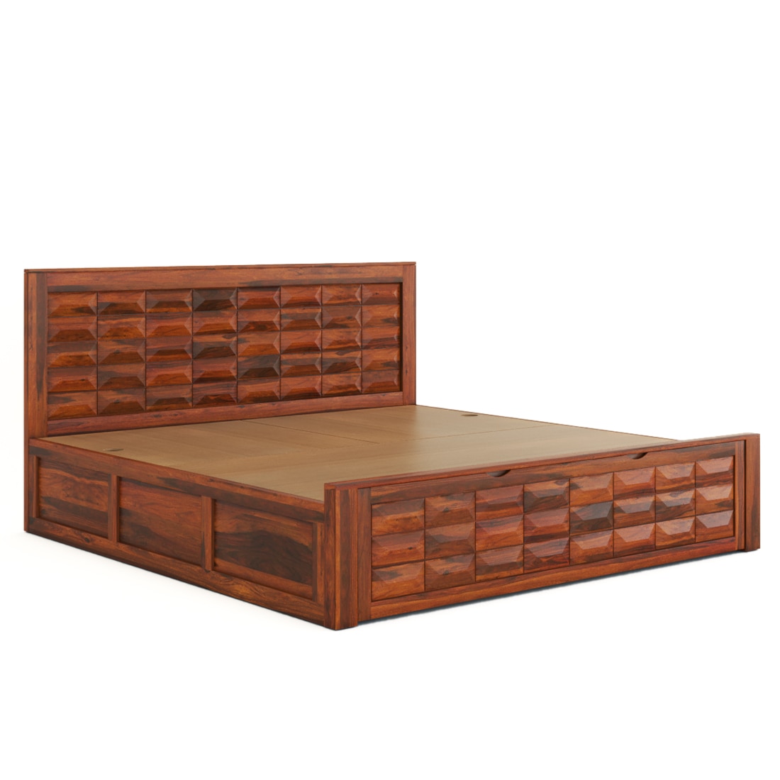 Shashi Solid Wood King Size Bed With Box & Front Drawer Storage Bed In Honey Oak Finish