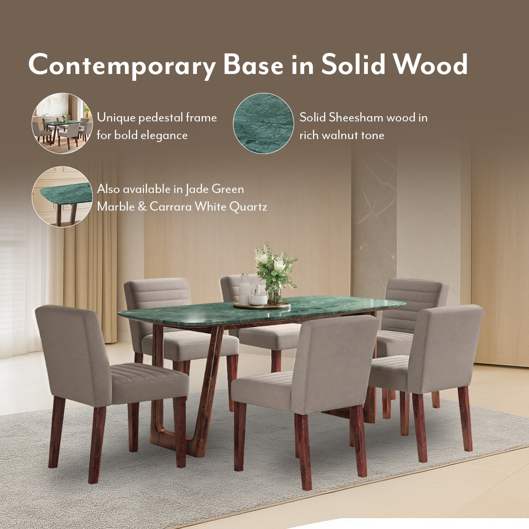 Adria Jade Green Marble 6 Seater Dining Table In New Walnut Finish