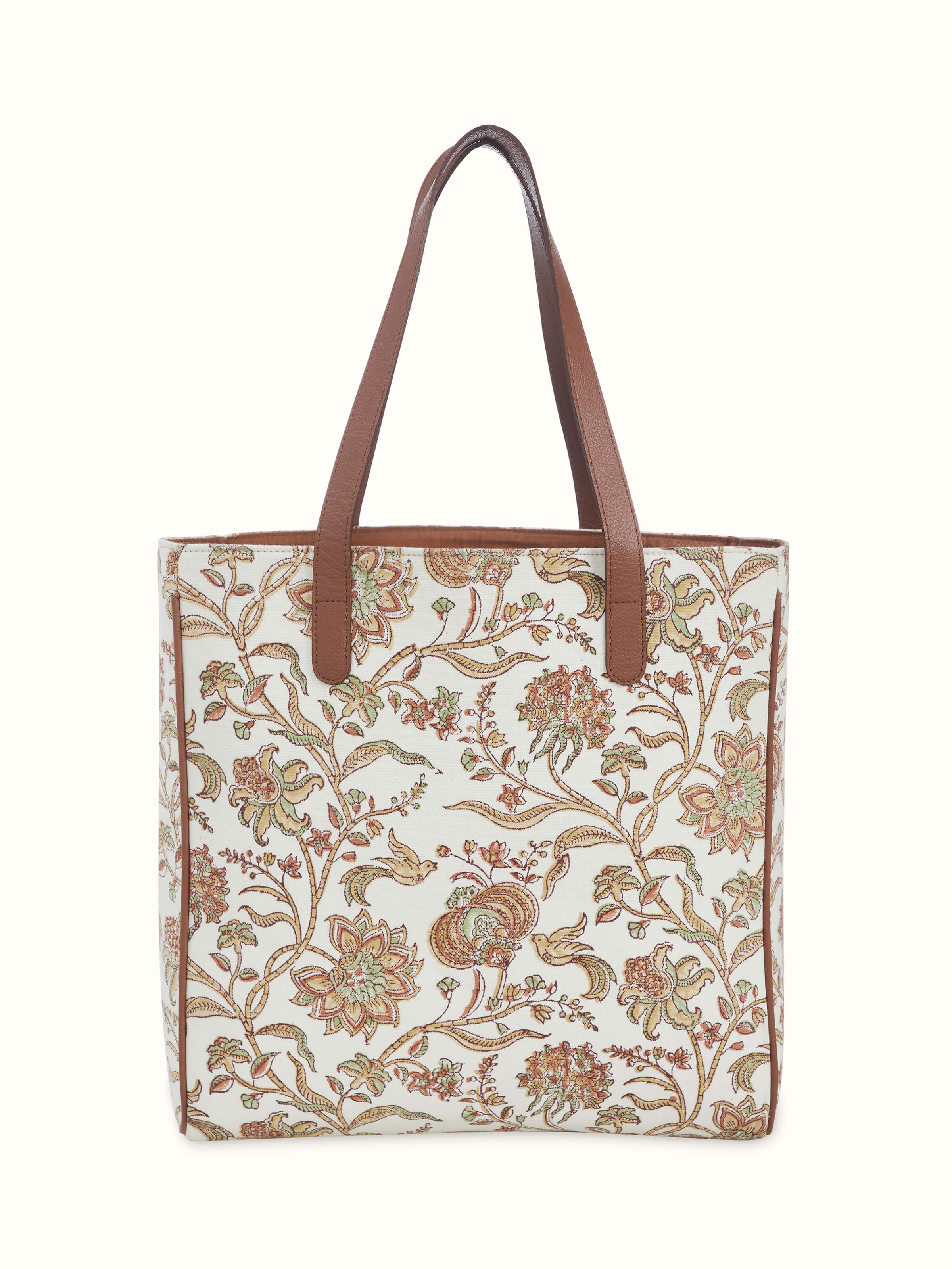 Back view of Leather & Textile Hand Block Printed Tote Bag showing clean leather surface and functional design.