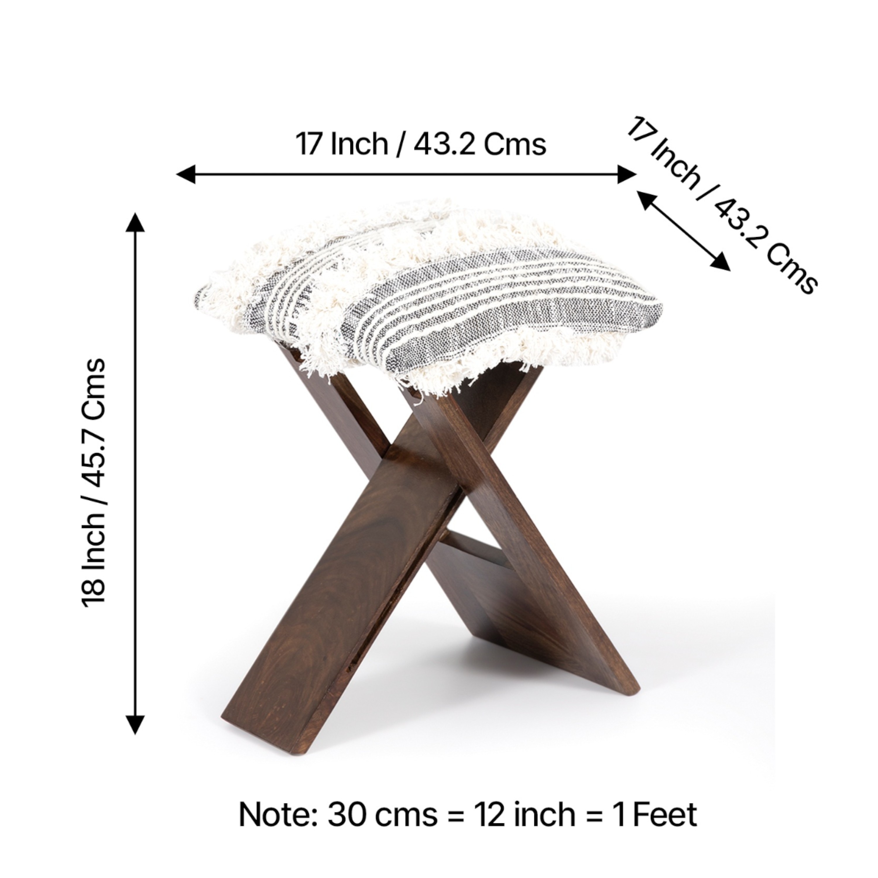 Dayton Sheesham Wood Mid Century Square Set of 2   Stools in Grey Fabric   Fringes Upholstery