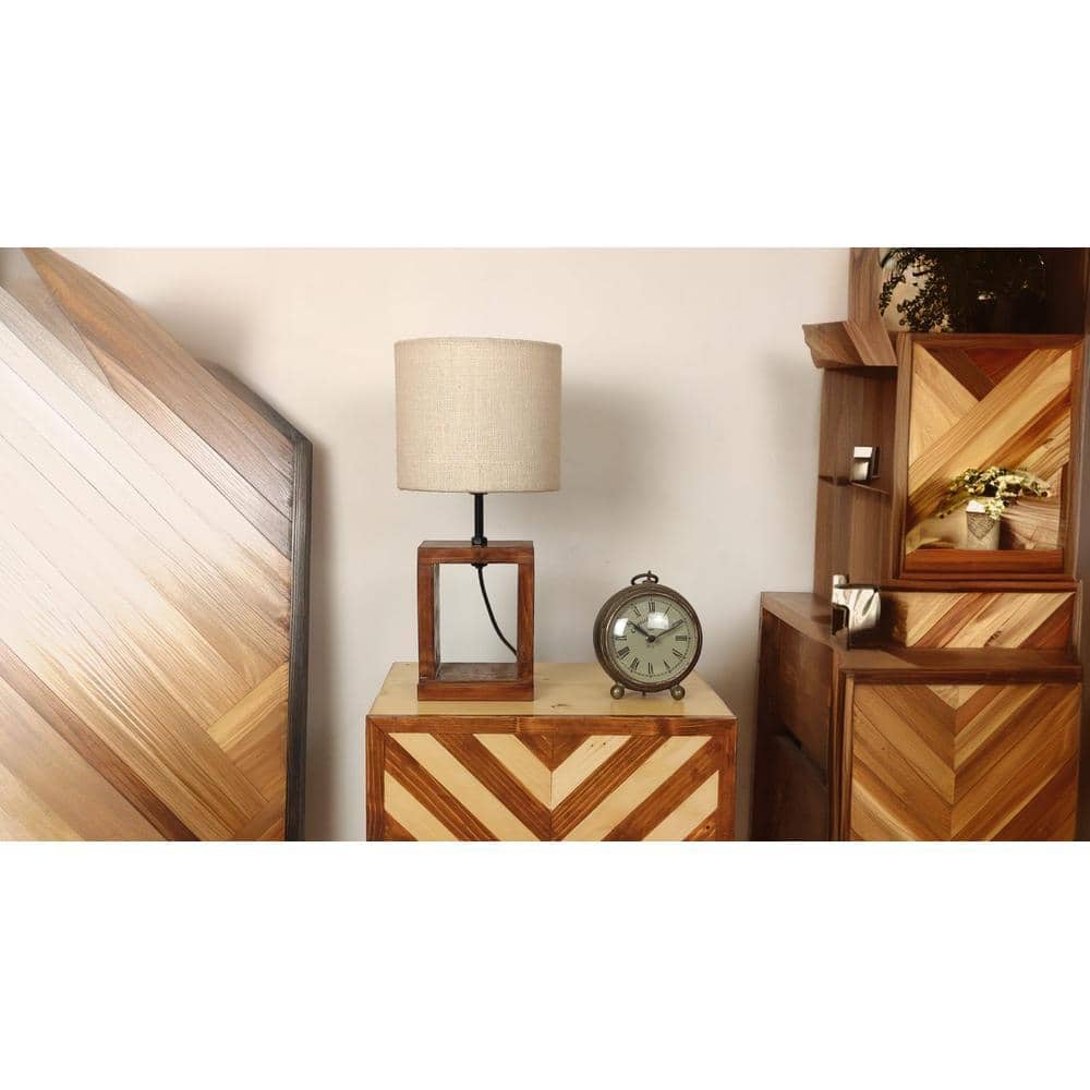 Moby Brown Wooden Table Lamp with Yellow Printed Fabric Lampshade