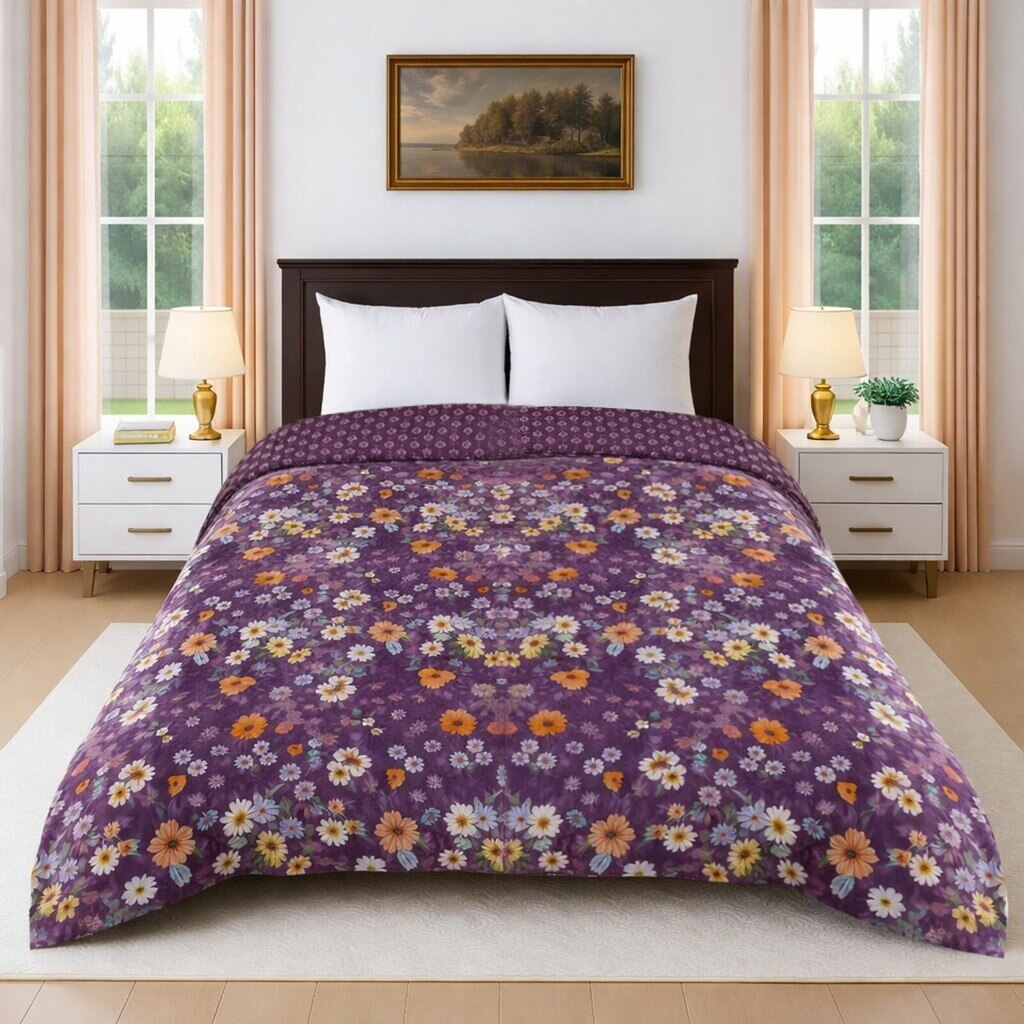Tara Purple Floral Cotton Comforter Double Bed Reversible 350 Gsm Size 240 X 220 Cms - Threads
