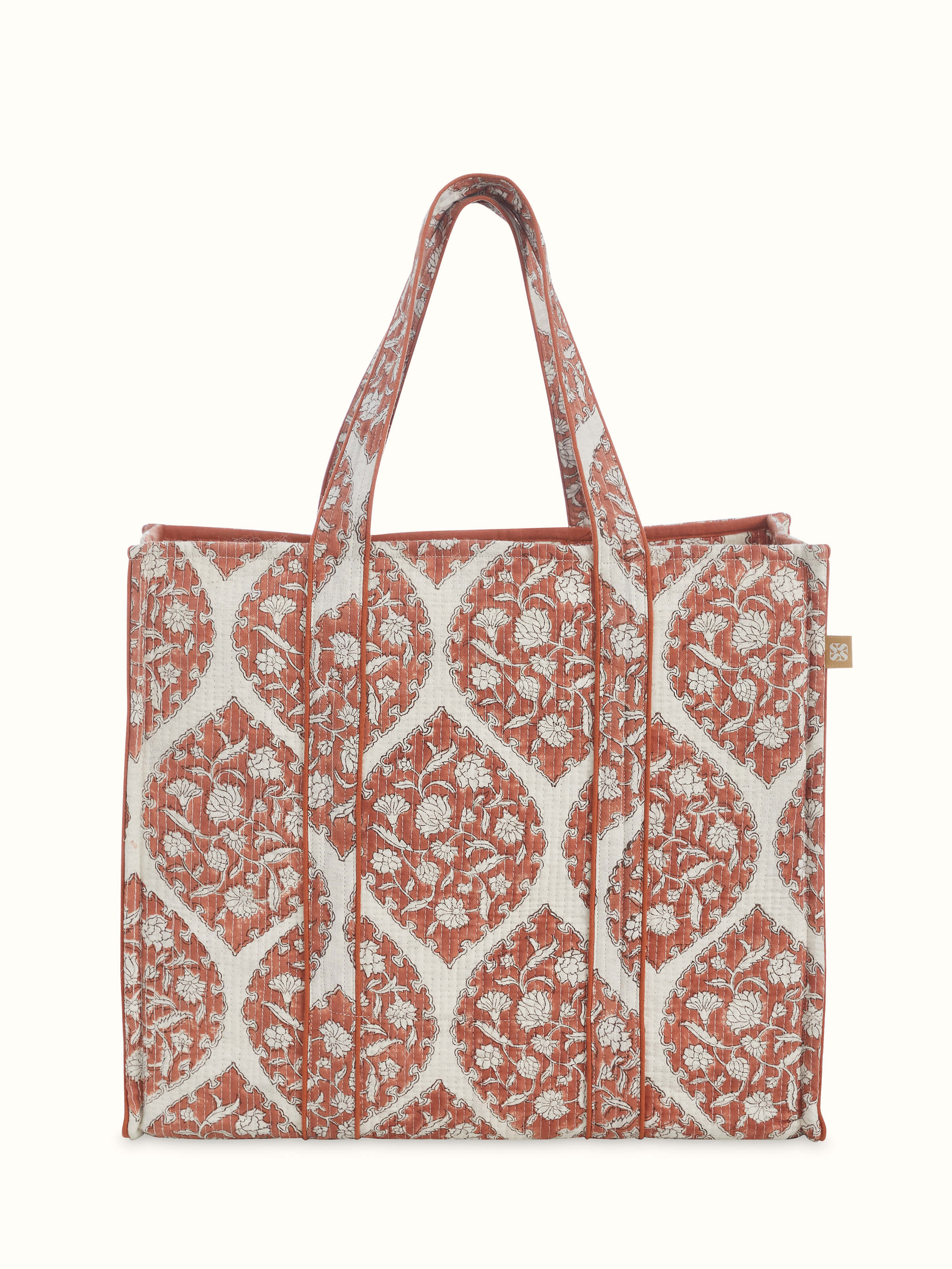 Orange Handblock Printed Quilted Tote Bag