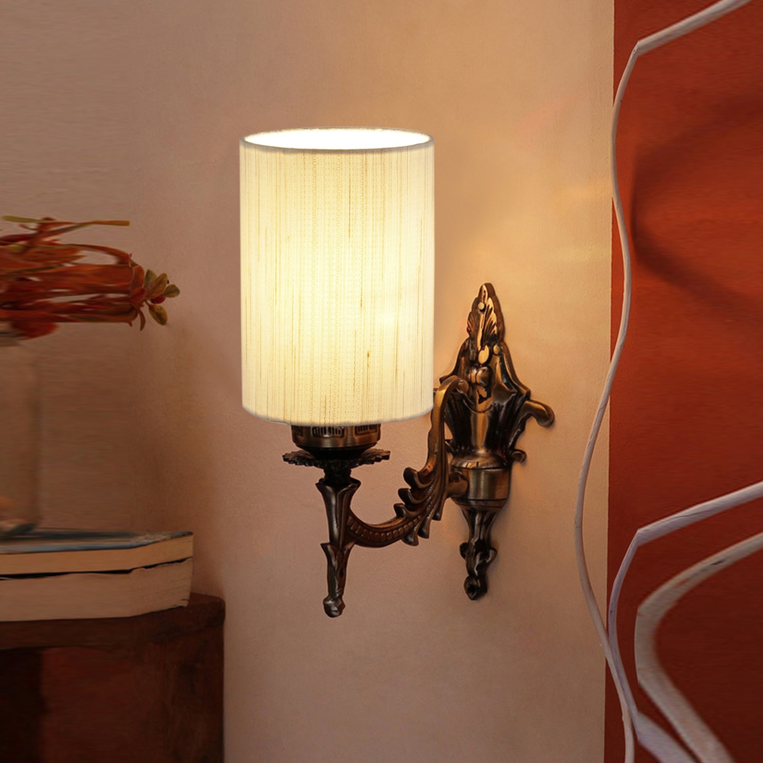 Devansh Metal Electric Wall Light in Antique Gold Colour with off-white Shade Count of 1 Light - Devansh