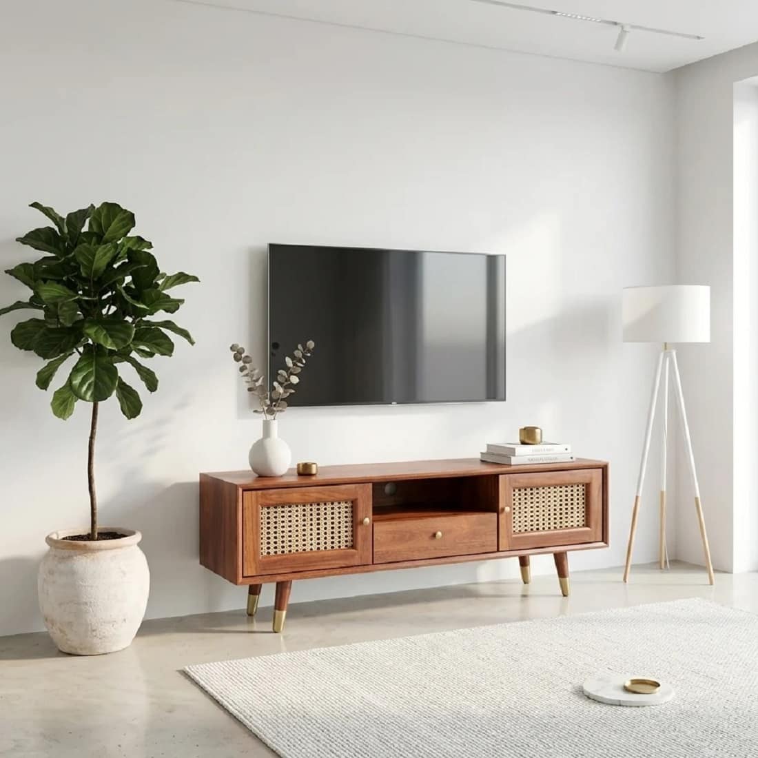 Anaya Solid Wood 2 Door Rattan Designed Tv Cabinet In Honey Ook Finish - Demiwall