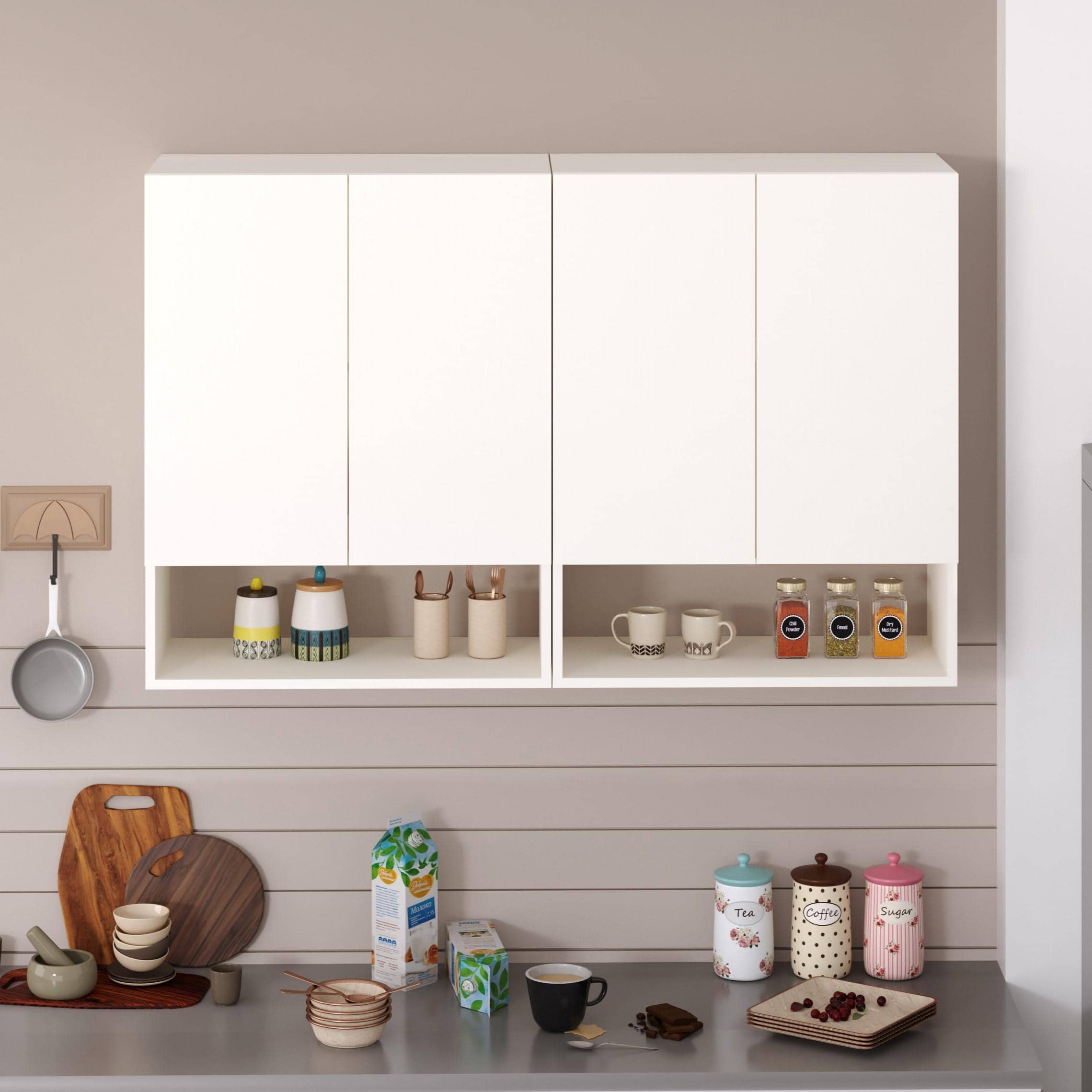 Opryt Engineered Wood Wall Mounted with Shelf Two Kitchen Cabinet Rack In White Finish