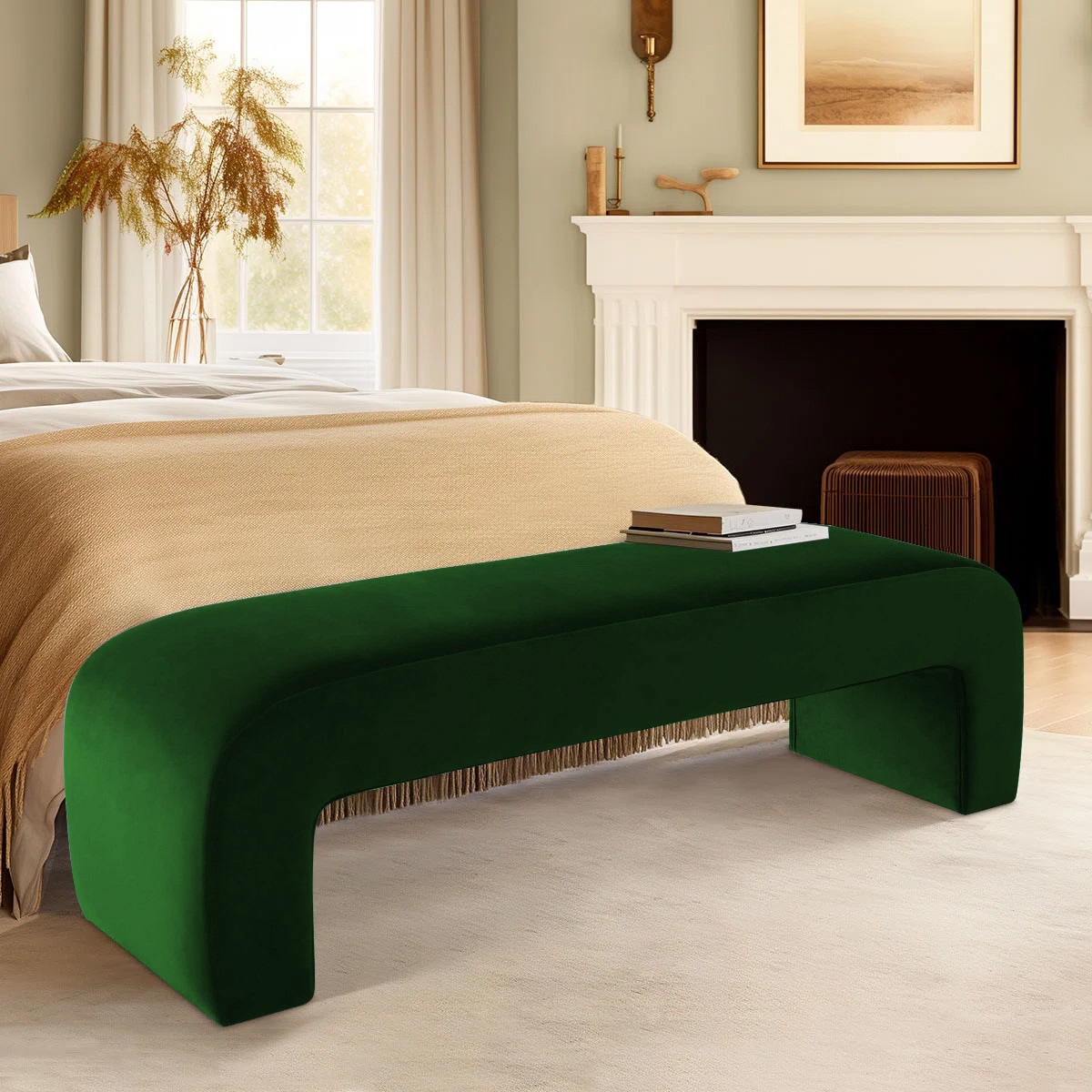 Floran Velvet 2 Seater Ottoman Bench in Green Color - Home Lifestylez