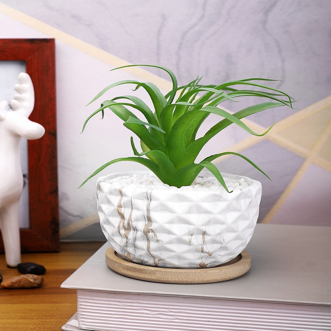 Artificial Fern Plant In A Patterned Ceramic Pot With A Wooden Plate