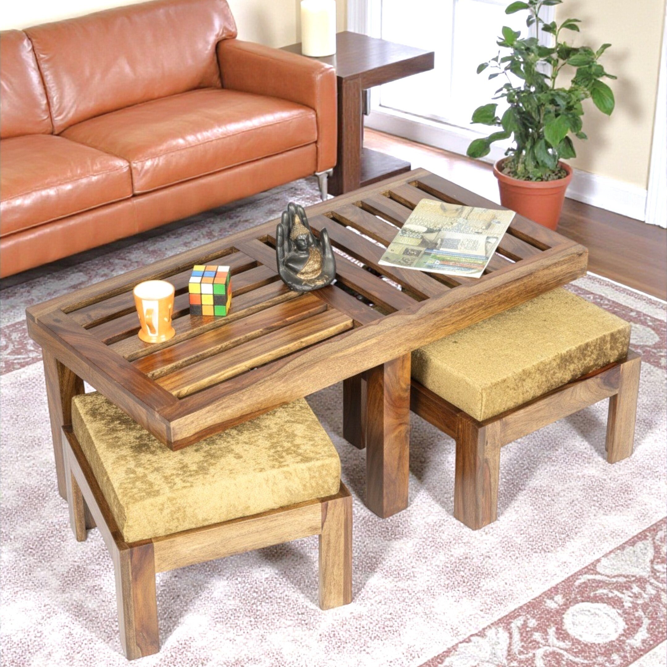 Irish Sheesham Wood 2 Seater Coffee Table Set In Teak Finish