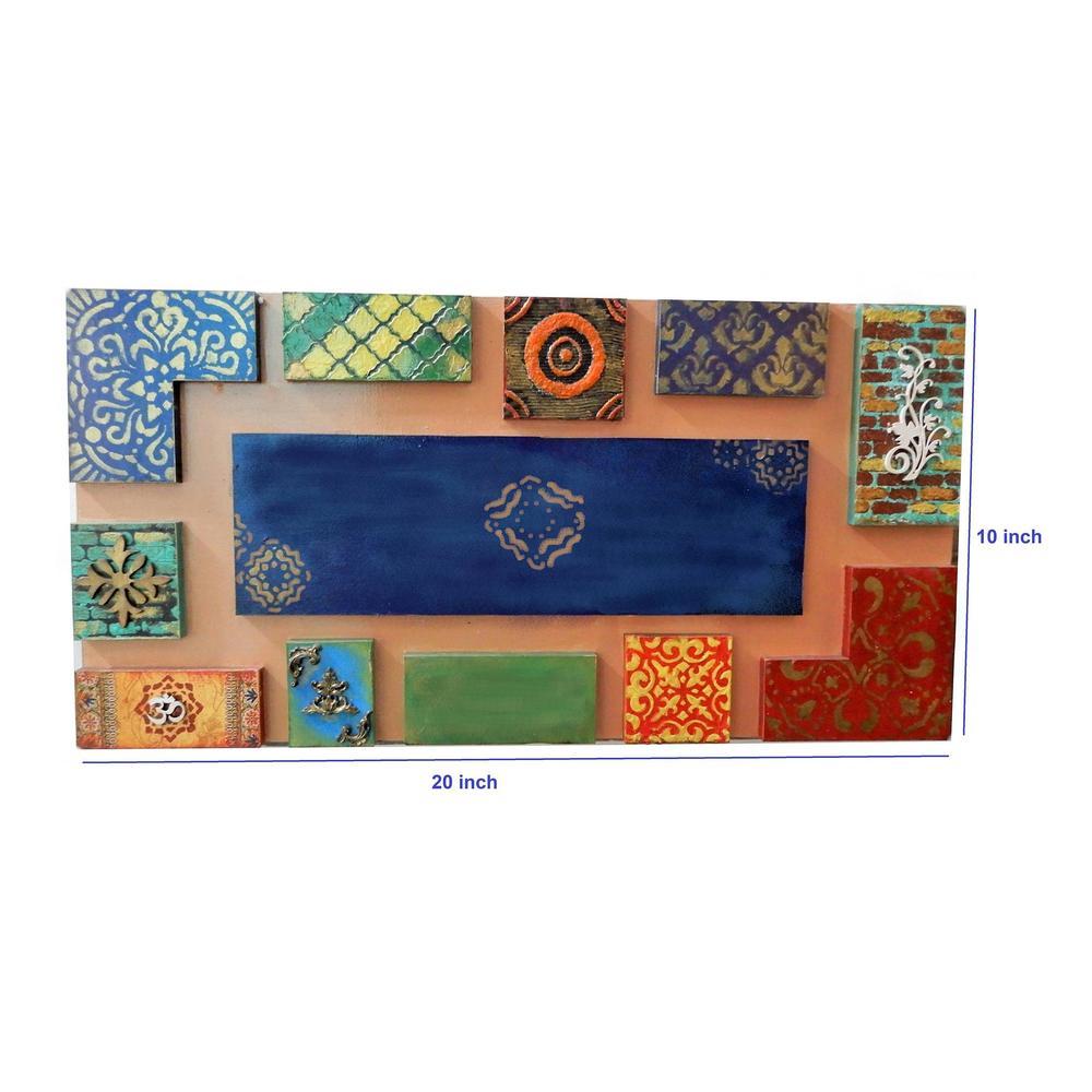 Wooden 3D Handmade Rectangle Wall Art in Blue with Krishna