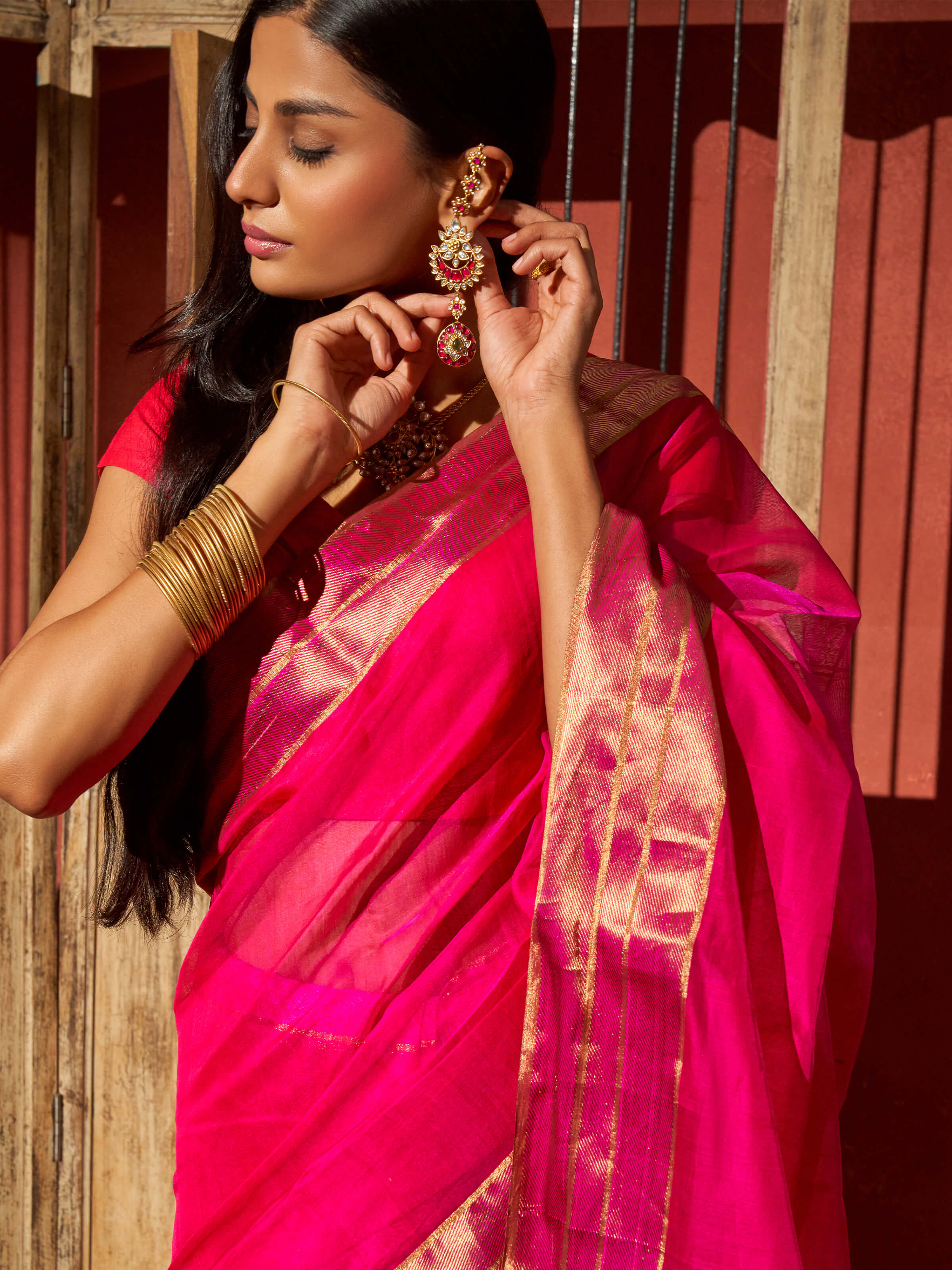 Detail view of yellow cotton silk Chanderi saree showing fabric texture