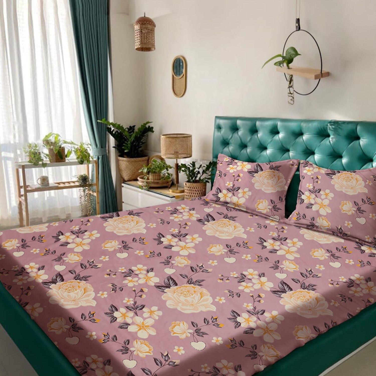 Peach Floral 180 TC Flat 1 Queen  Bedsheet with 2 Pillow Covers