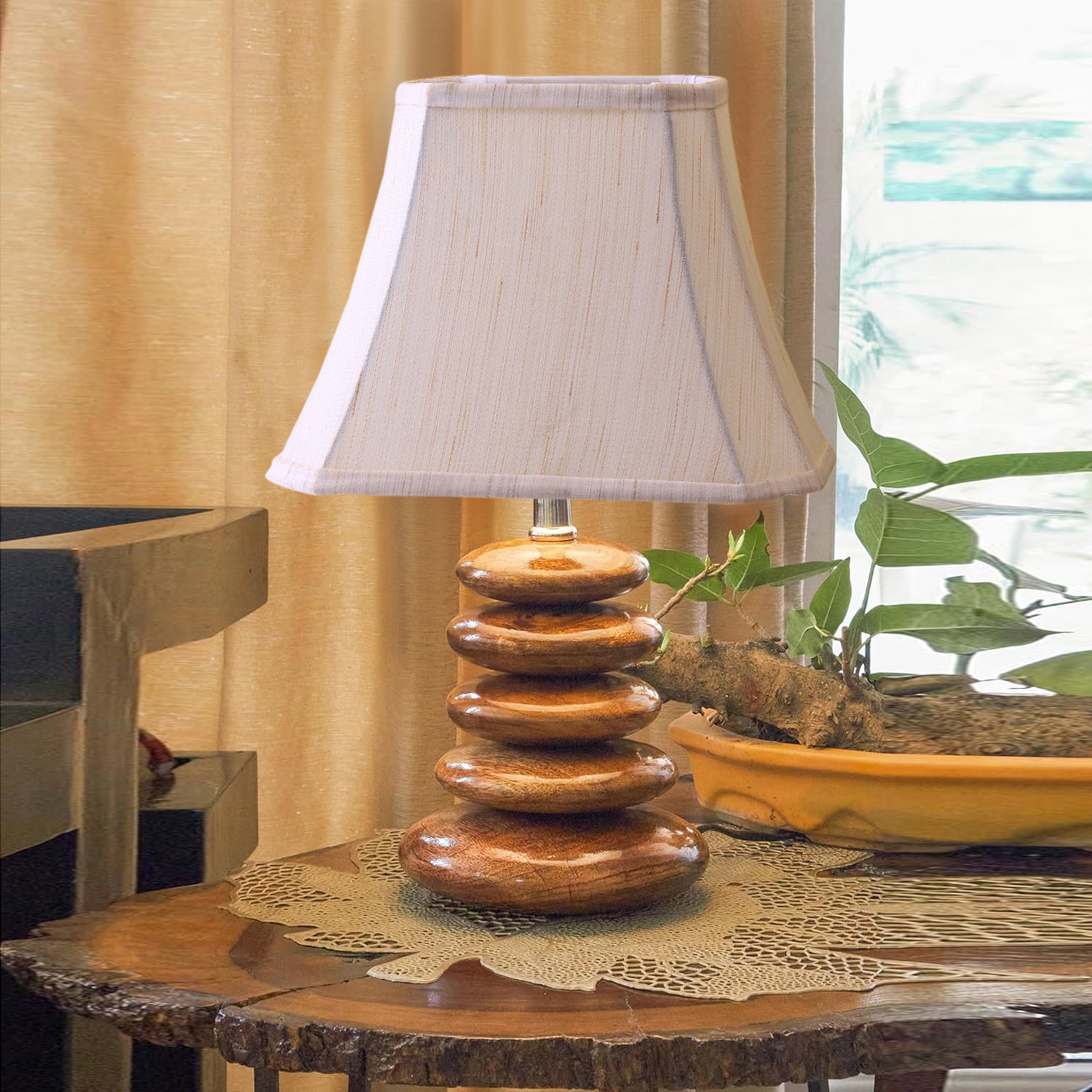 Devansh Off-White Rectangular Cotton Table Lamp With Wood Pebble Lamp (12X8X16.5) Inches - Devansh