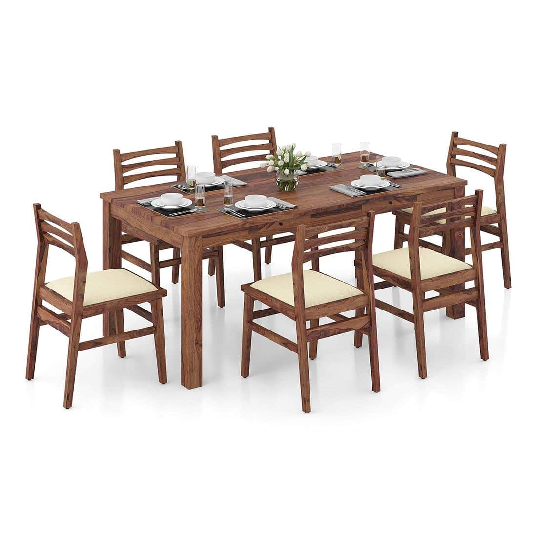 Arabia Leon Solid Wood 6 Seater Dining Table With Set Of 6 Chairs (Colour- Camilla Ivory, Finish- Teak)